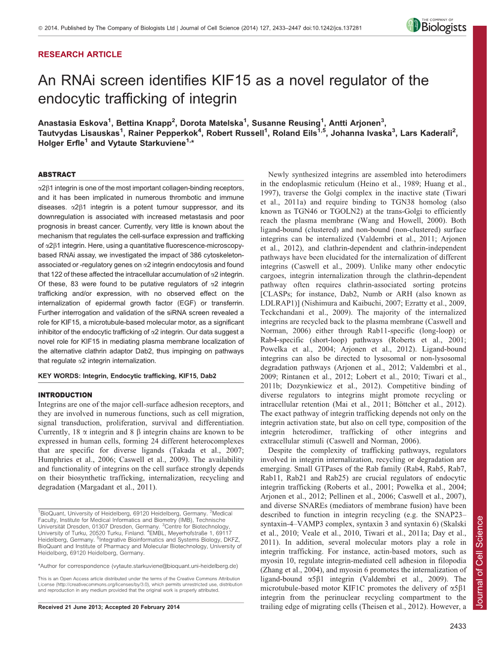 An Rnai Screen Identifies KIF15 As a Novel Regulator of the Endocytic