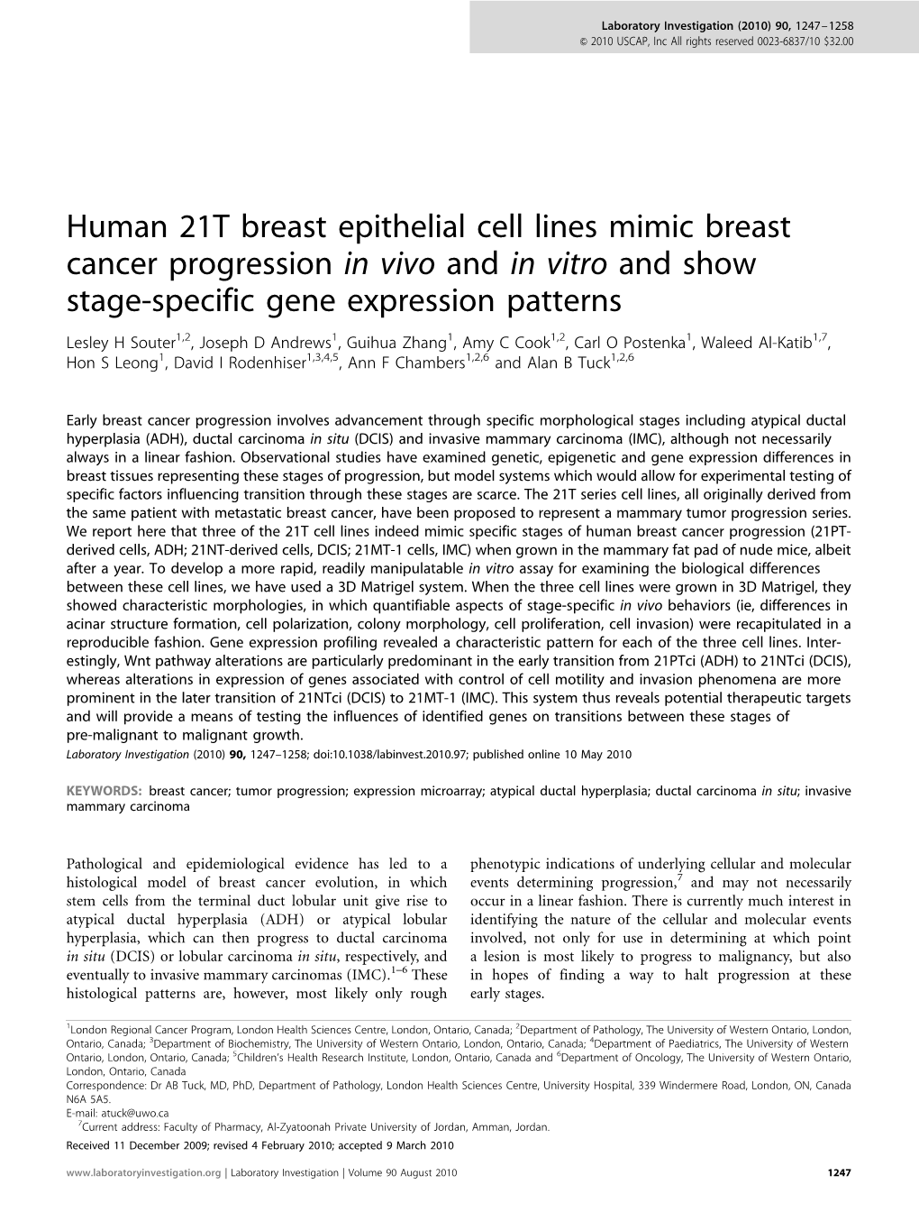 Human 21T Breast Epithelial Cell Lines Mimic Breast Cancer Progression In