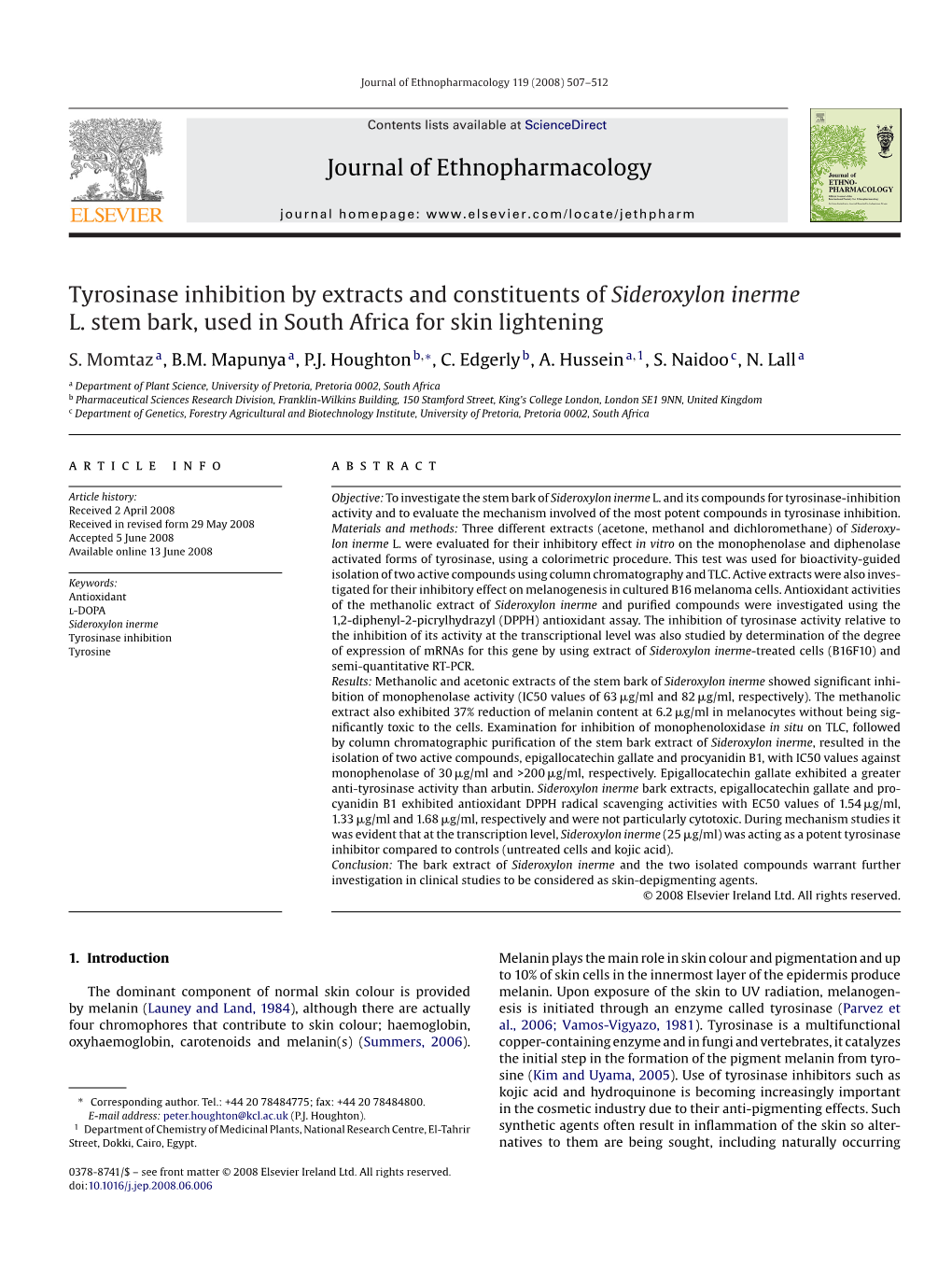 Tyrosinase Inhibition by Extracts and Constituents of Sideroxylon Inerme L