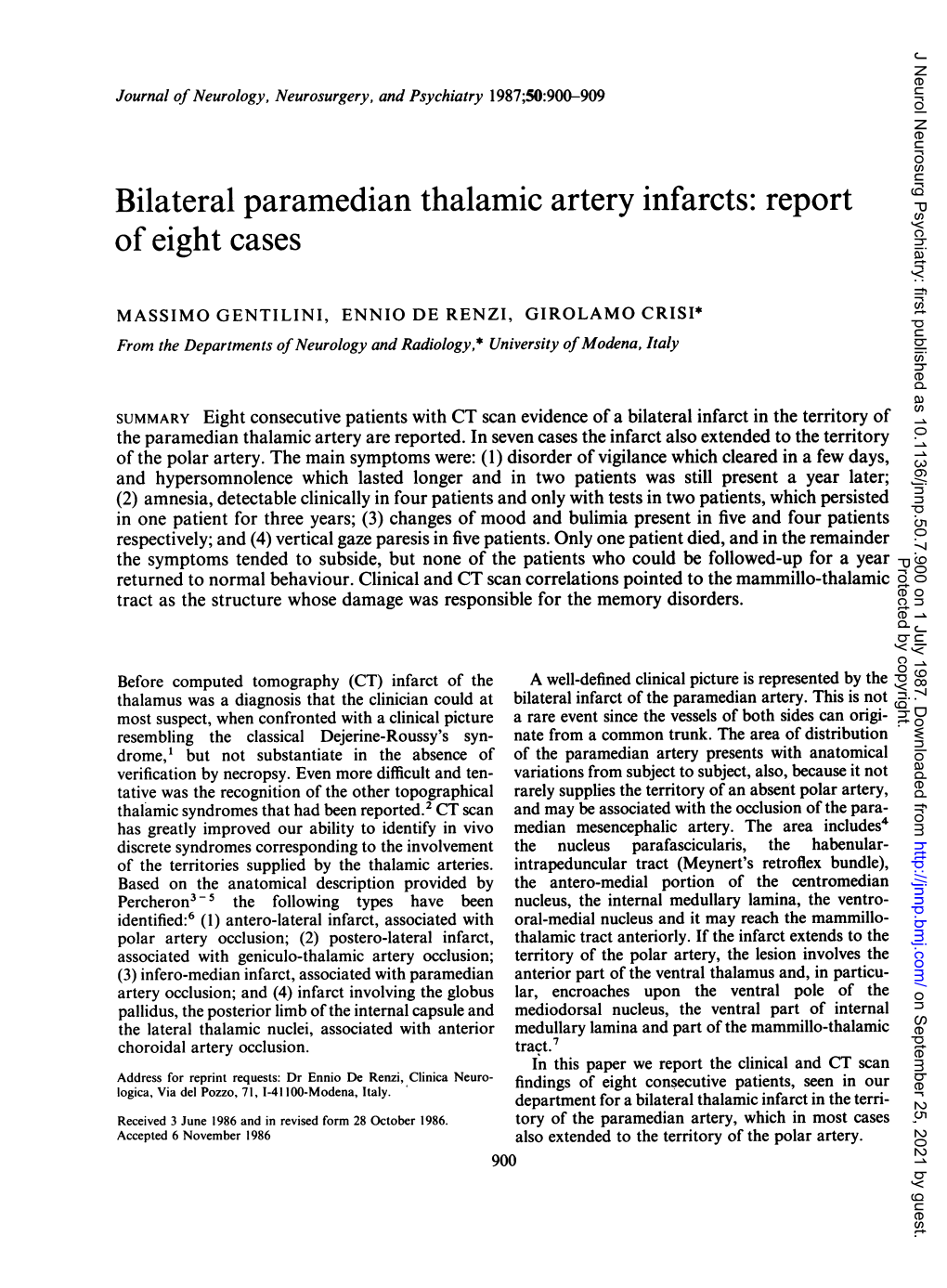 Bilateral Paramedian Thalamic Artery Infarcts: Report of Eight Cases