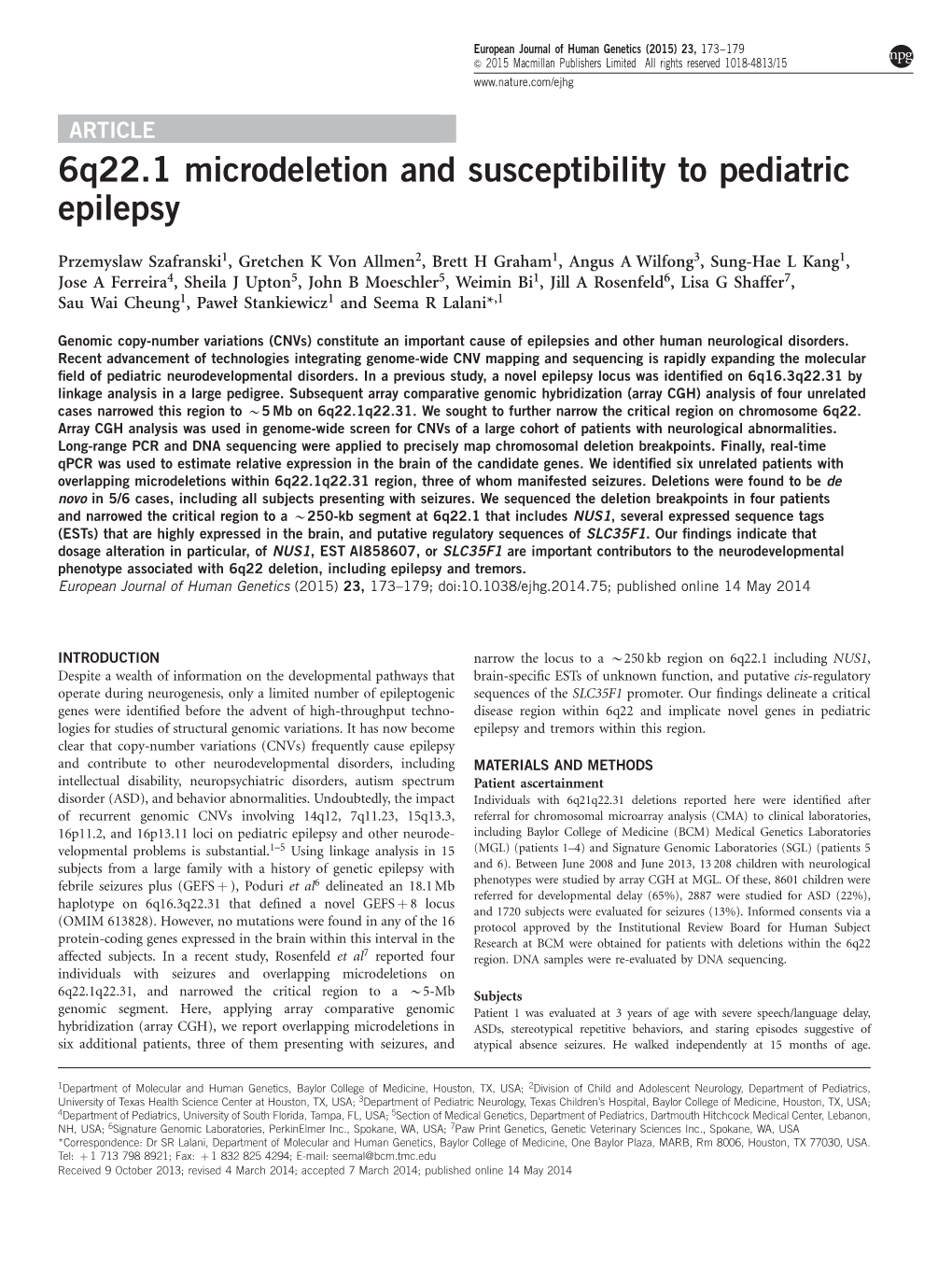 6Q22.1 Microdeletion and Susceptibility to Pediatric Epilepsy