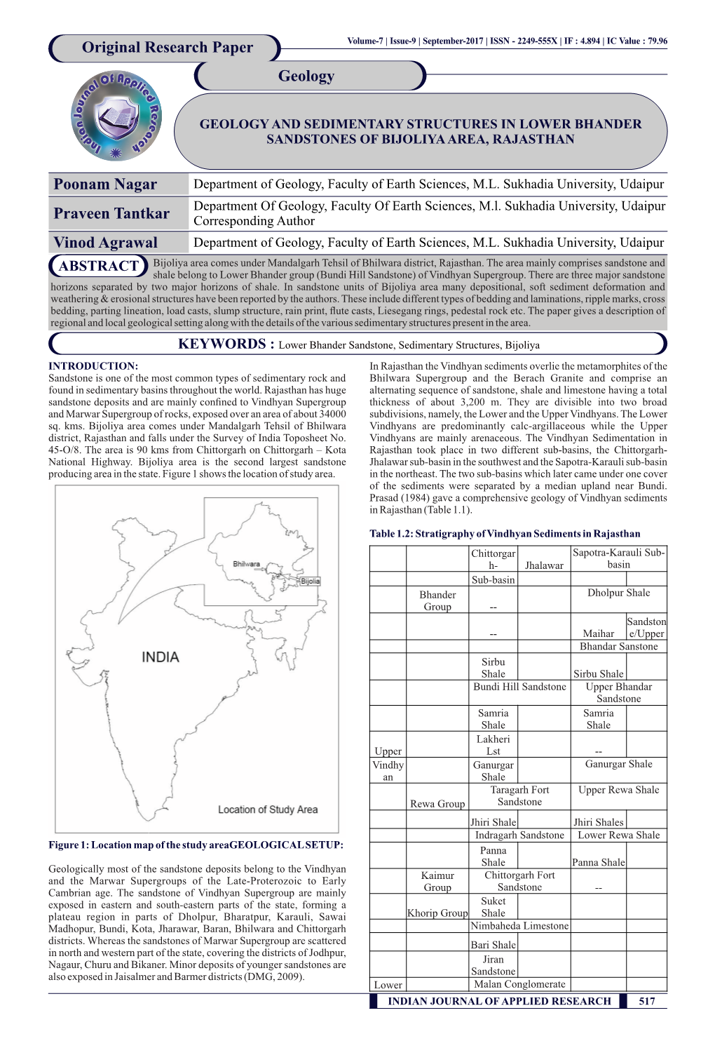 Geology and Sedimentary Structures in Lower Bhander Sandstones of Bijoliya Area, Rajasthan