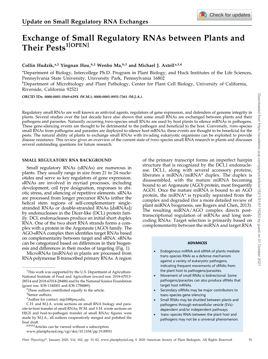 Exchange of Small Regulatory Rnas Between Plants and Their Pests1[OPEN]