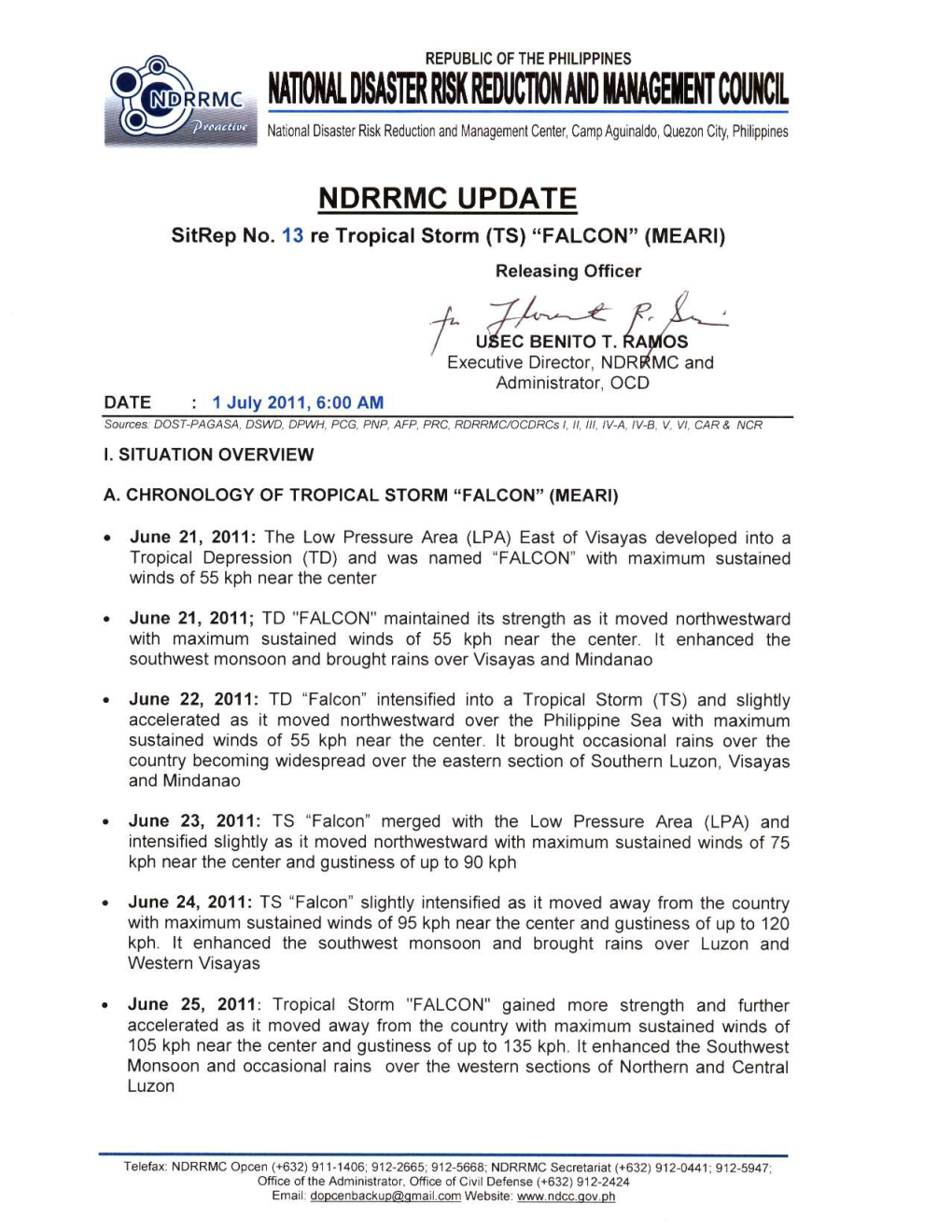 NDRRMC Update for SITREP 13 Re TS Falcon 1 July 2011