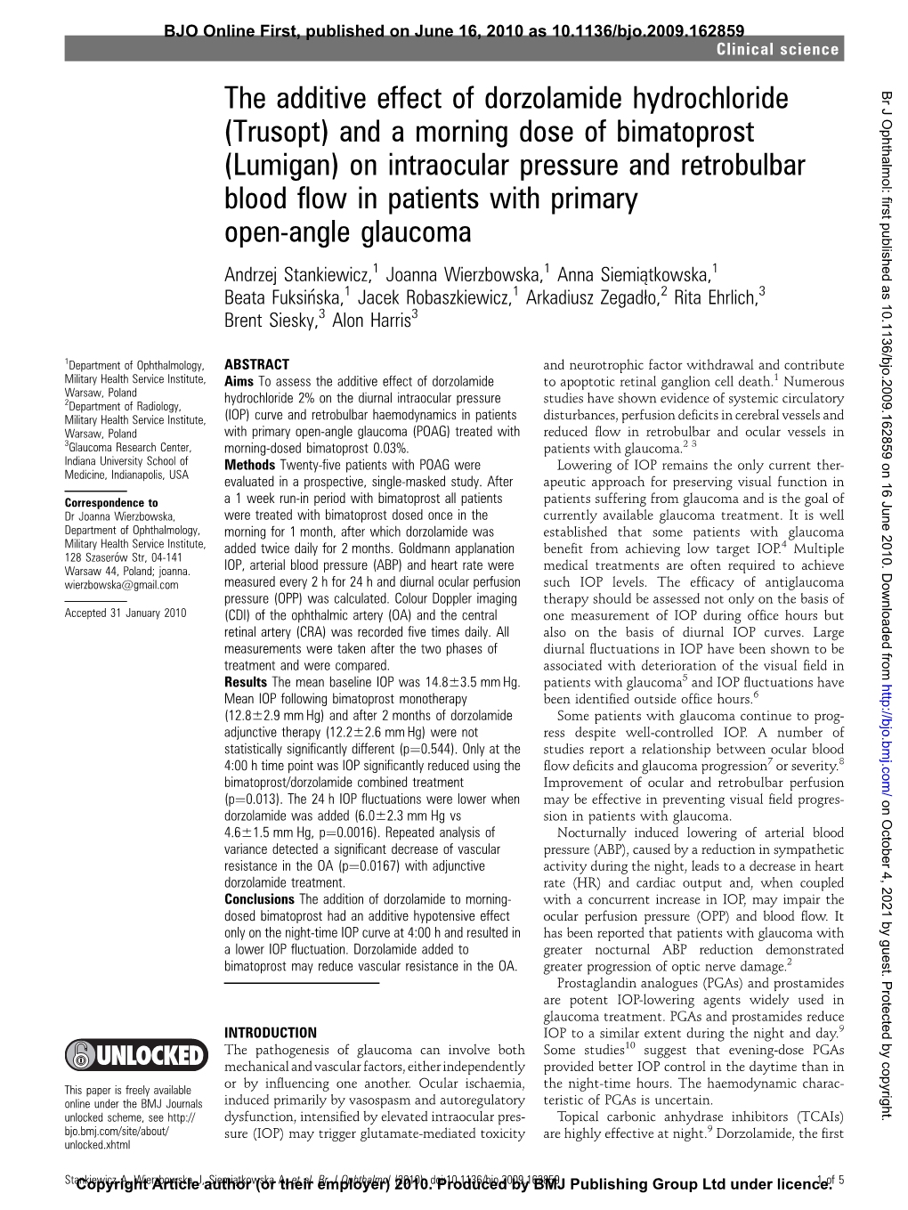 The Additive Effect of Dorzolamide Hydrochloride (Trusopt) and A