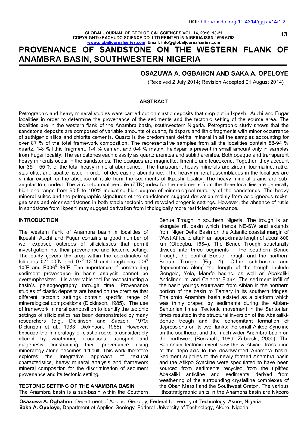 Provenance of Sandstone on the Western Flank of Anambra Basin, Southwestern Nigeria