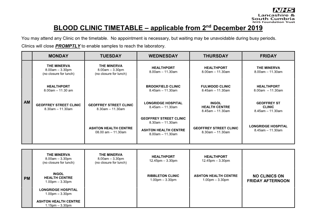 BLOOD CLINIC TIMETABLE – Applicable from 2Nd December 2019