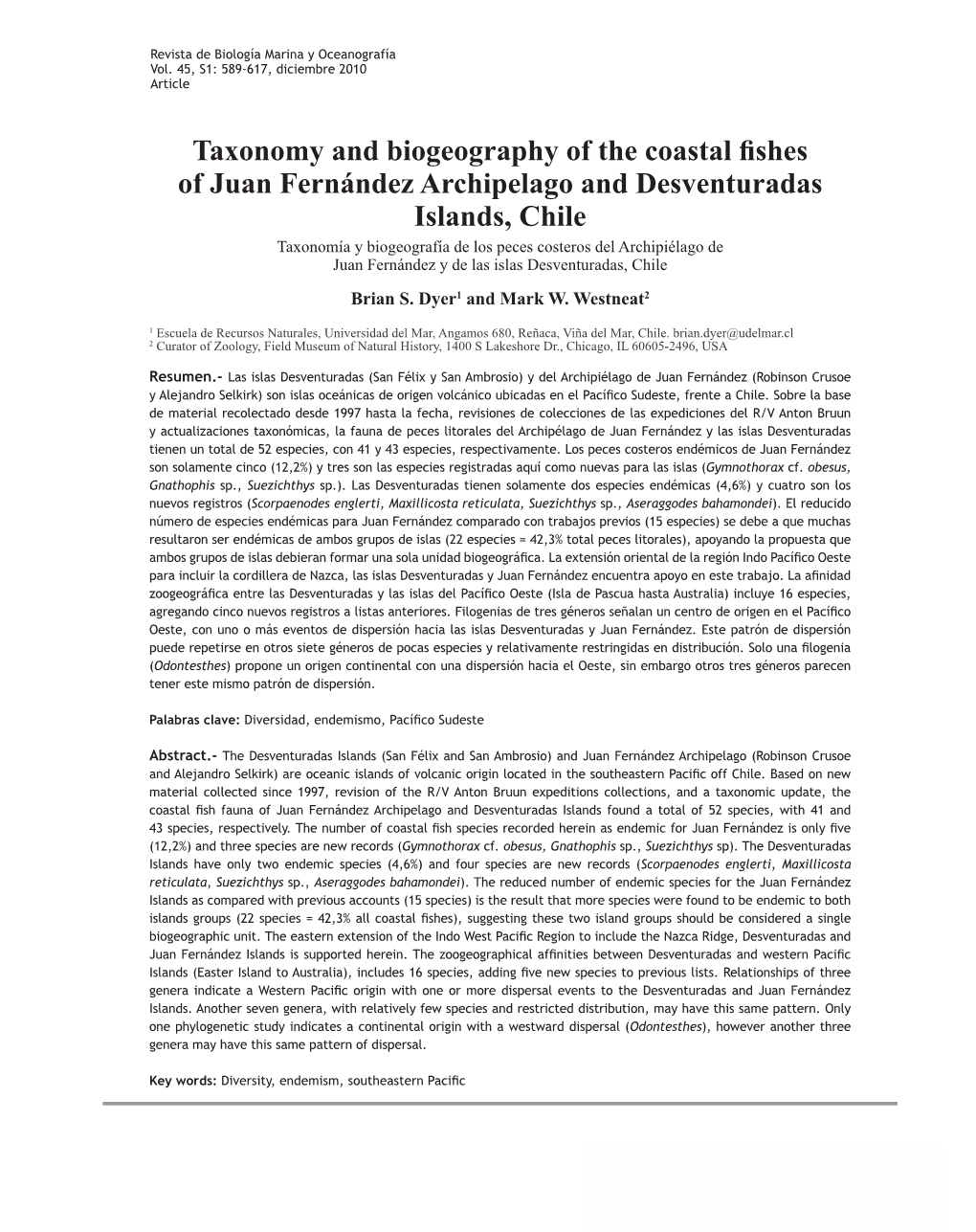 Taxonomy and Biogeography of the Coastal Fishes of Juan Fernández