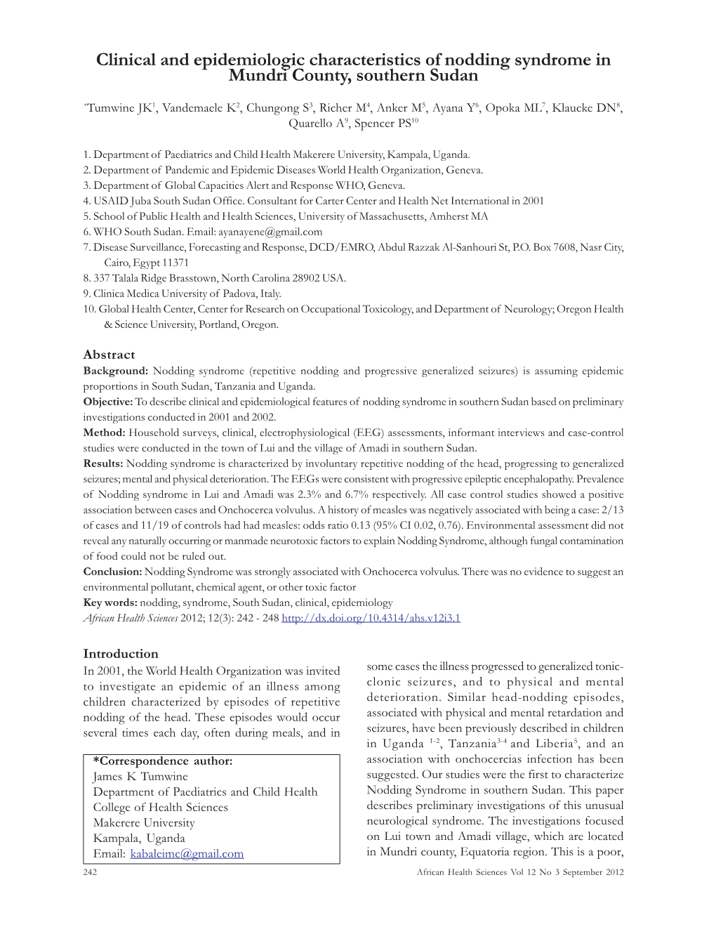 Clinical and Epidemiologic Characteristics of Nodding Syndrome in Mundri County, Southern Sudan