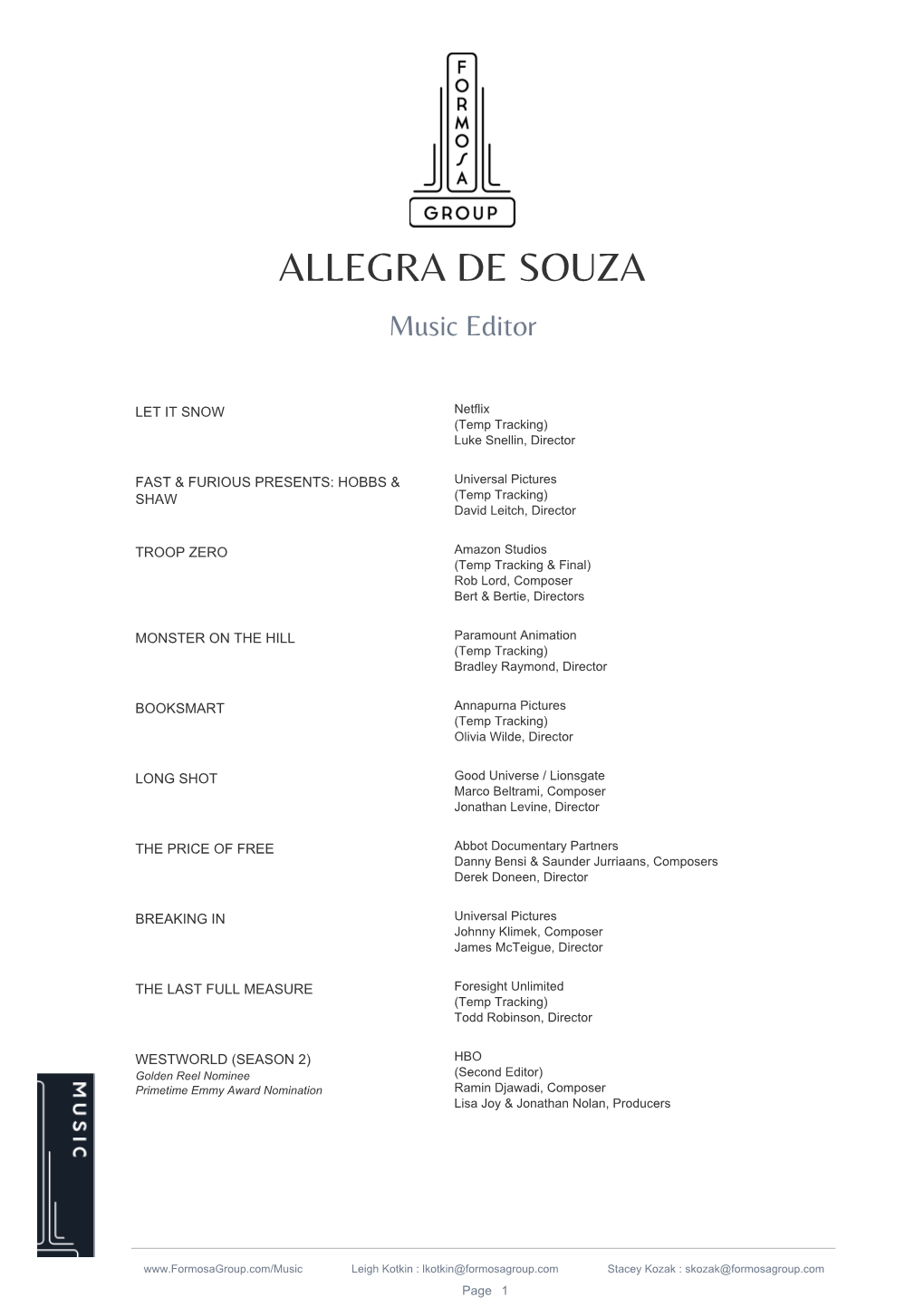 ALLEGRA DE SOUZA Music Editor