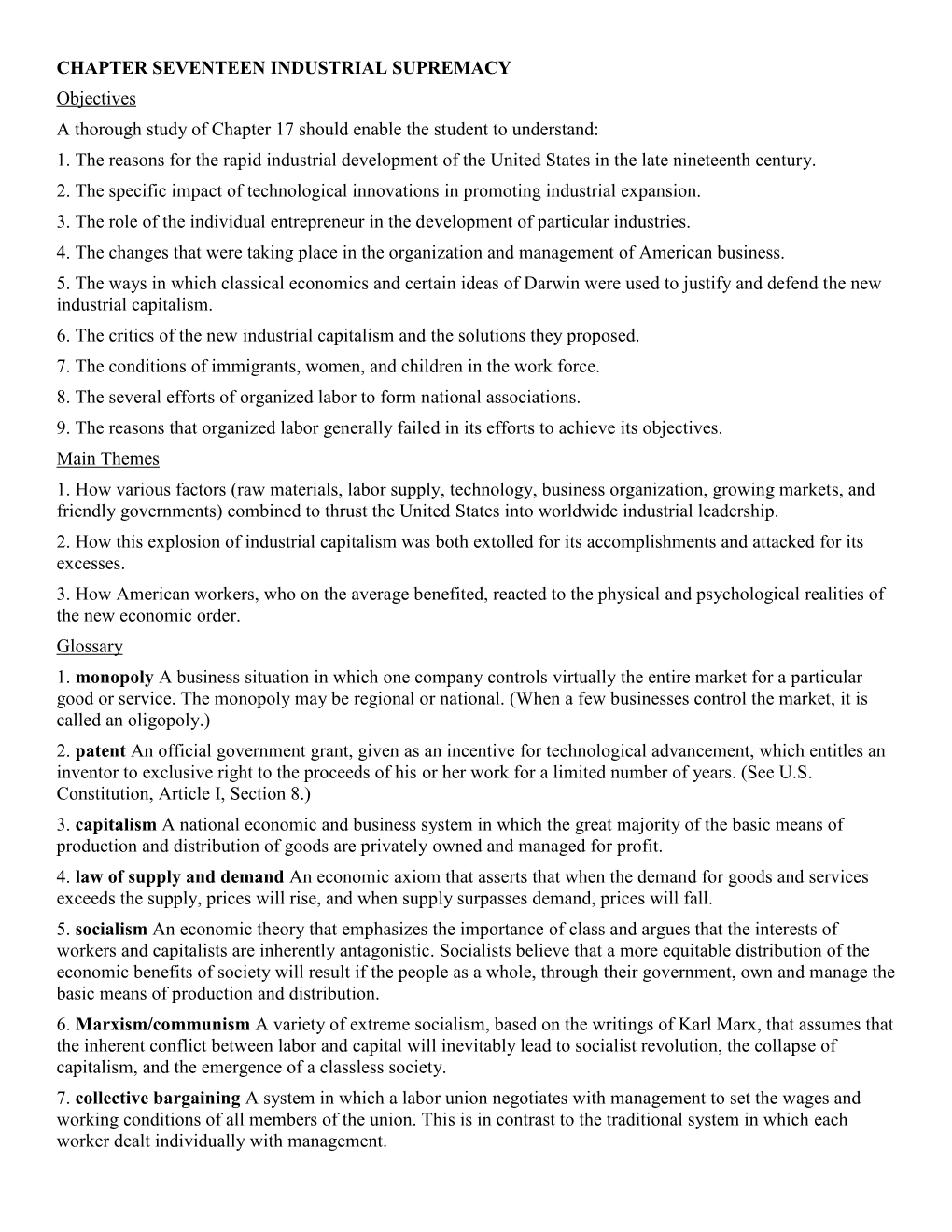 CHAPTER SEVENTEEN INDUSTRIAL SUPREMACY Objectives a Thorough Study of Chapter 17 Should Enable the Student to Understand: 1