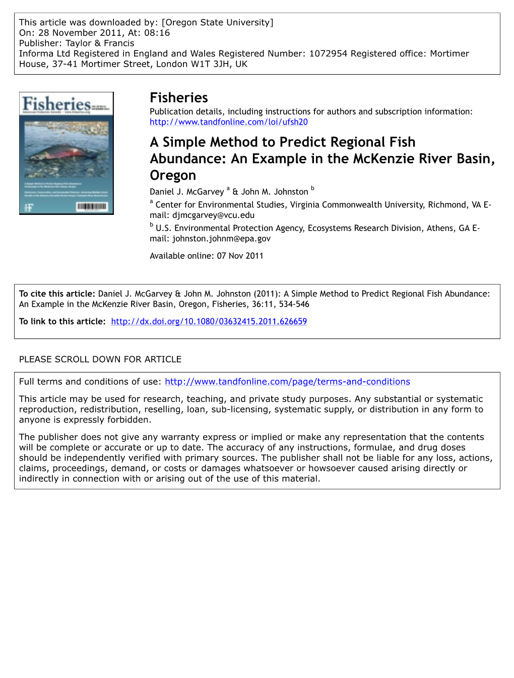 A Simple Method to Predict Regional Fish Abundance: an Example in the Mckenzie River Basin, Oregon Daniel J