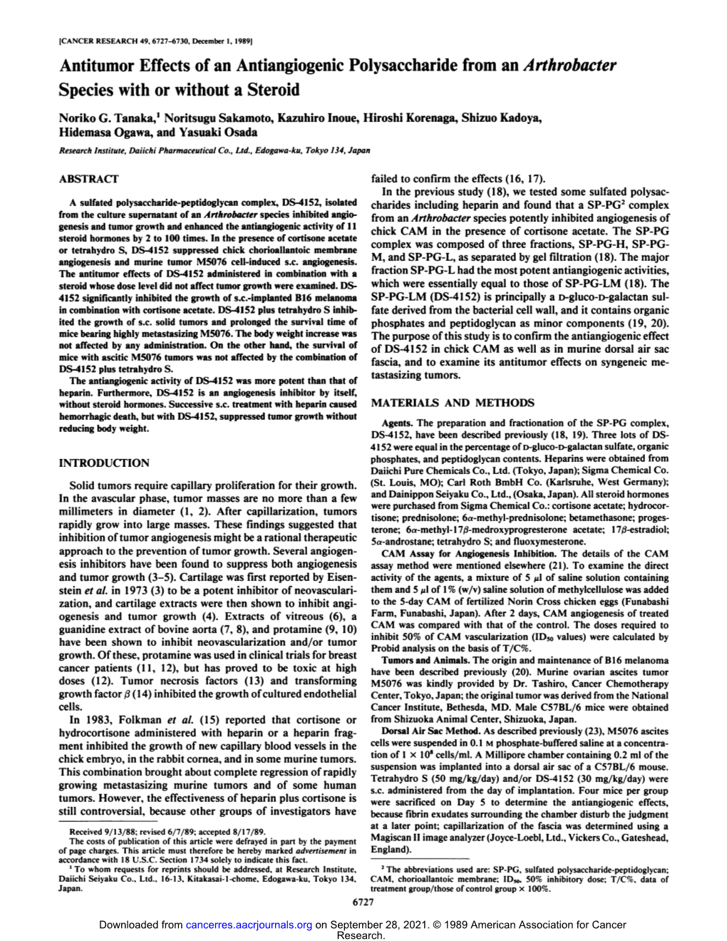 Antitumor Effects of an Antiangiogenic Polysaccharide from an Arthrobacter Species with Or Without a Steroid Noriko G