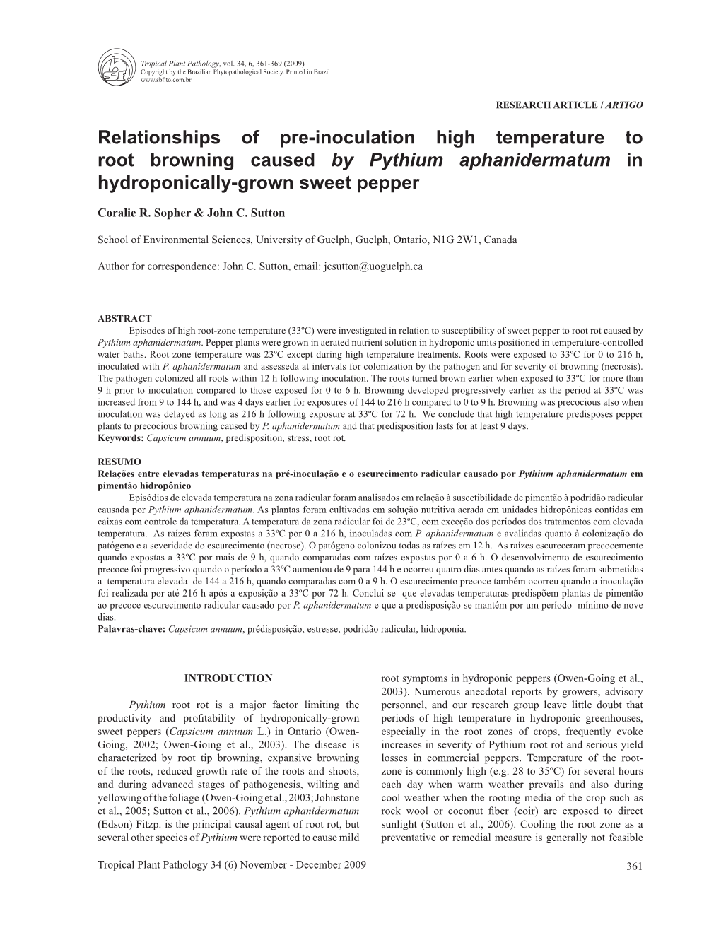 Relationships of Pre-Inoculation High Temperature to Root Browning Caused by Pythium Aphanidermatum in Hydroponically-Grown Sweet Pepper