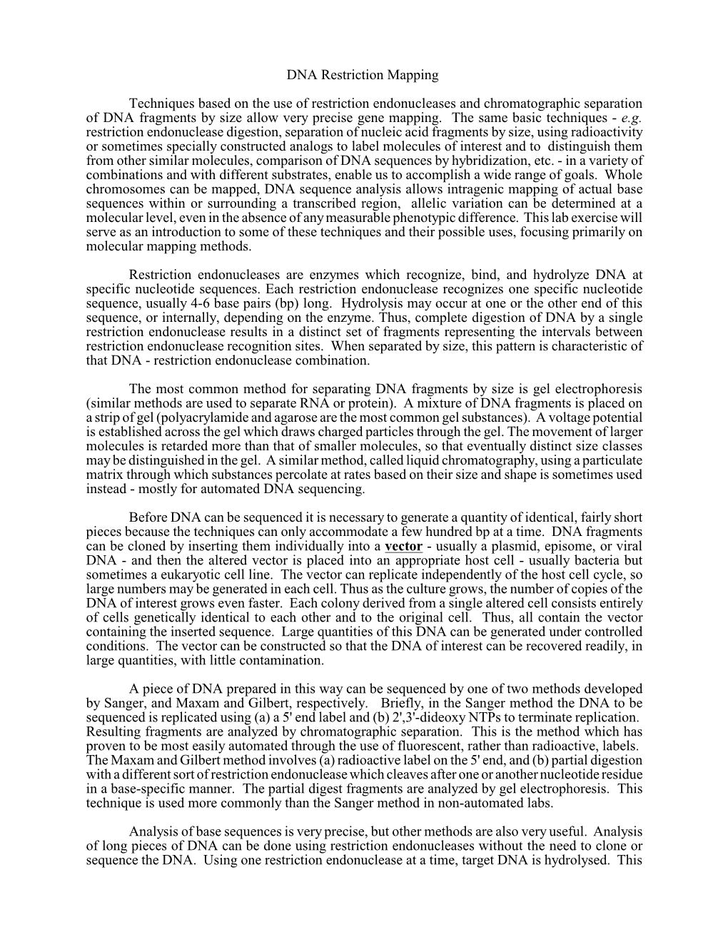 DNA Restriction Mapping Techniques Based on the Use Of