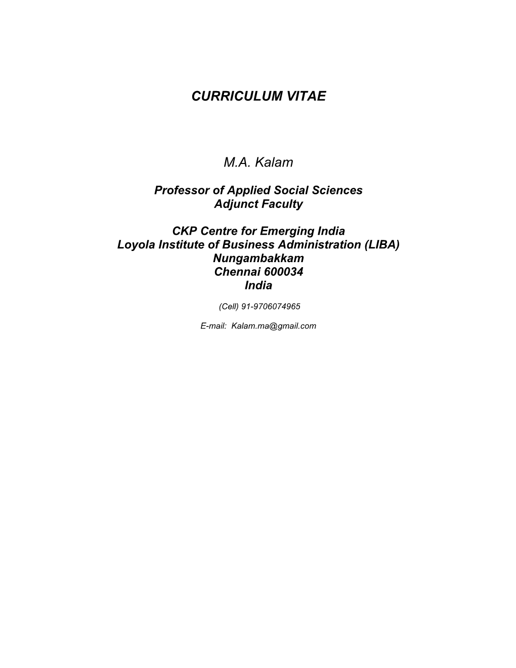 CURRICULUM VITAE M.A. Kalam