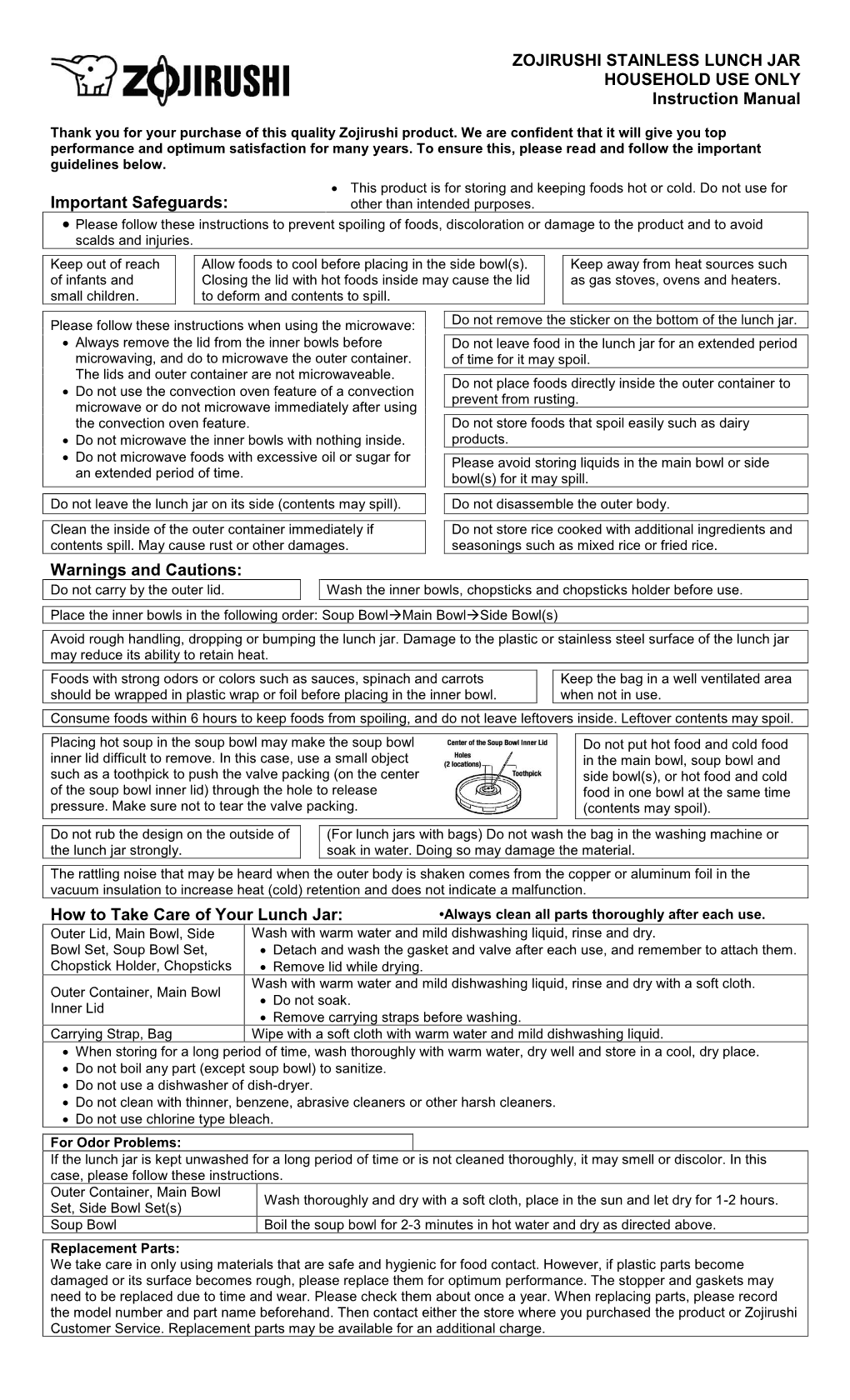 ZOJIRUSHI STAINLESS LUNCH JAR HOUSEHOLD USE ONLY Instruction Manual