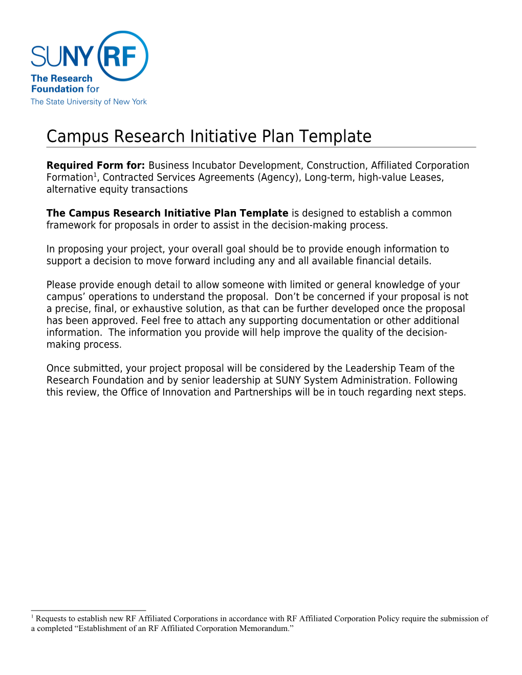 Campus Research Initiative Plan Template