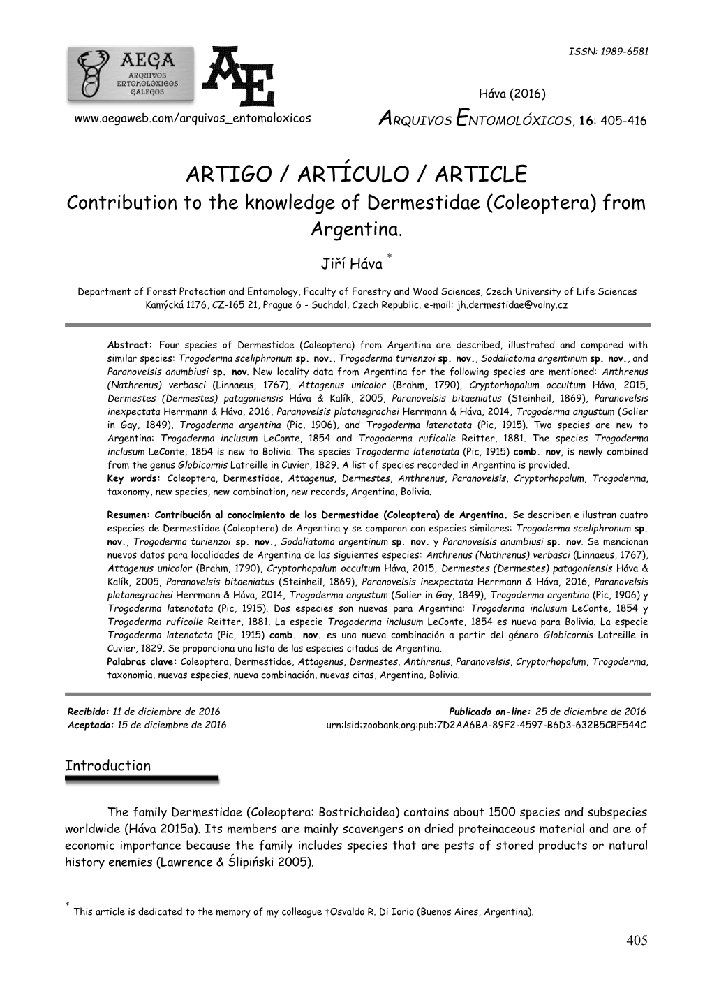 ARTIGO / ARTÍCULO / ARTICLE Contribution to the Knowledge of Dermestidae (Coleoptera) from Argentina