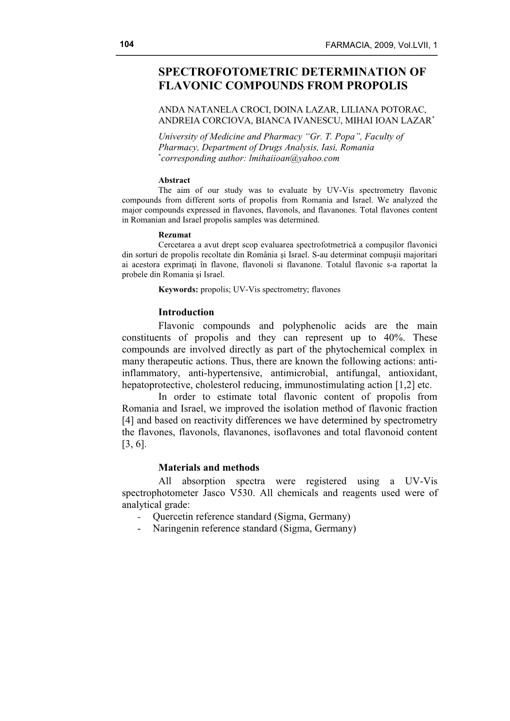 Spectrofotometric Determination of Flavonic Compounds from Propolis