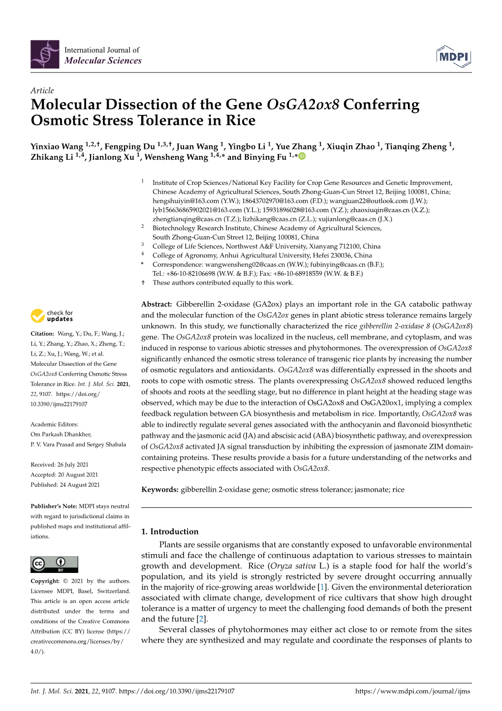 Molecular Dissection of the Gene Osga2ox8 Conferring Osmotic Stress Tolerance in Rice