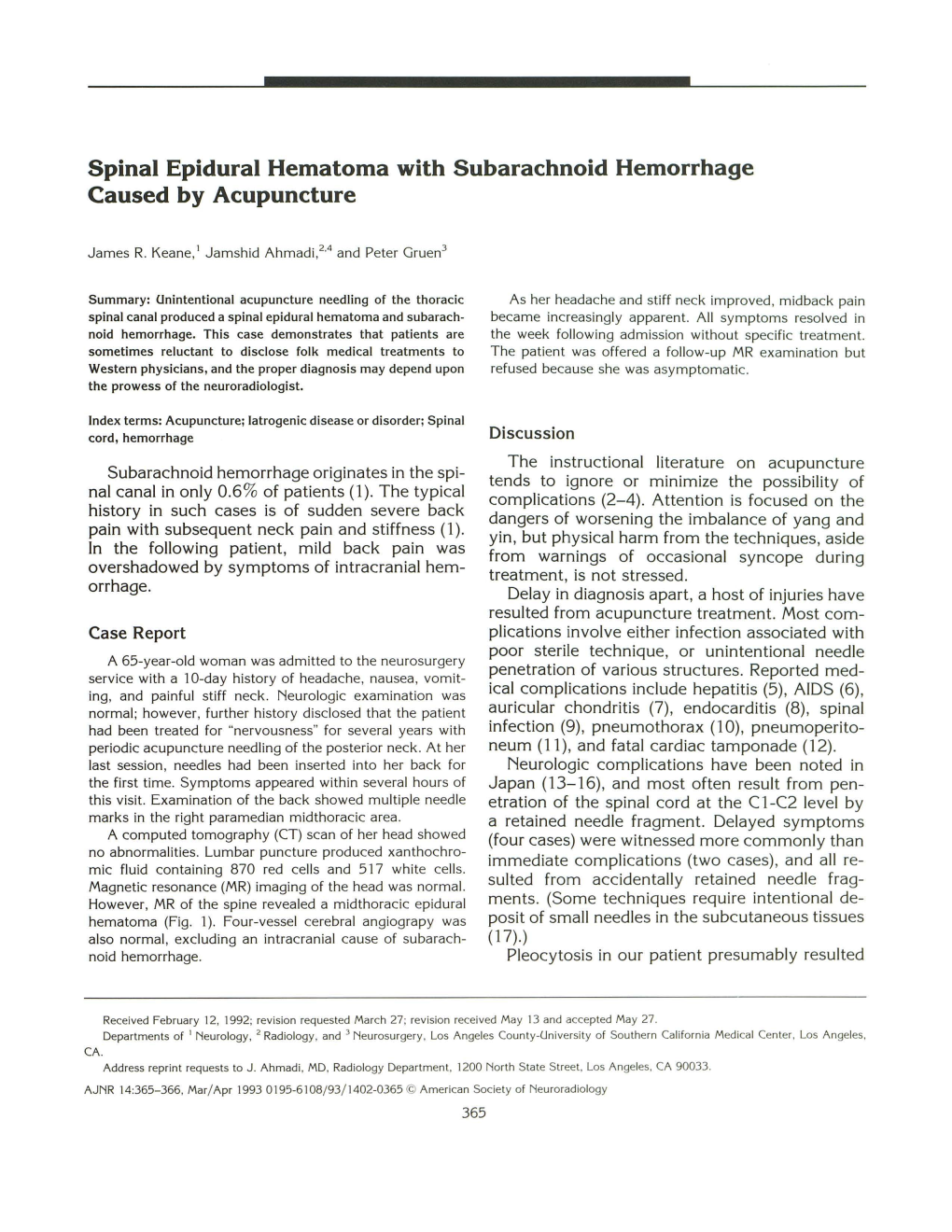 Spinal Epidural Hematoma with Subarachnoid Hemorrhage Caused by Acupuncture