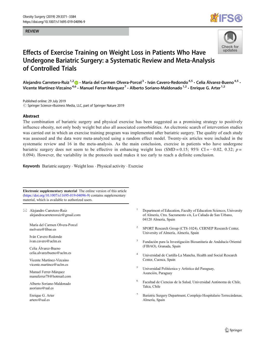 Effects of Exercise Training on Weight Loss in Patients Who Have Undergone Bariatric Surgery: a Systematic Review and Meta-Analysis of Controlled Trials