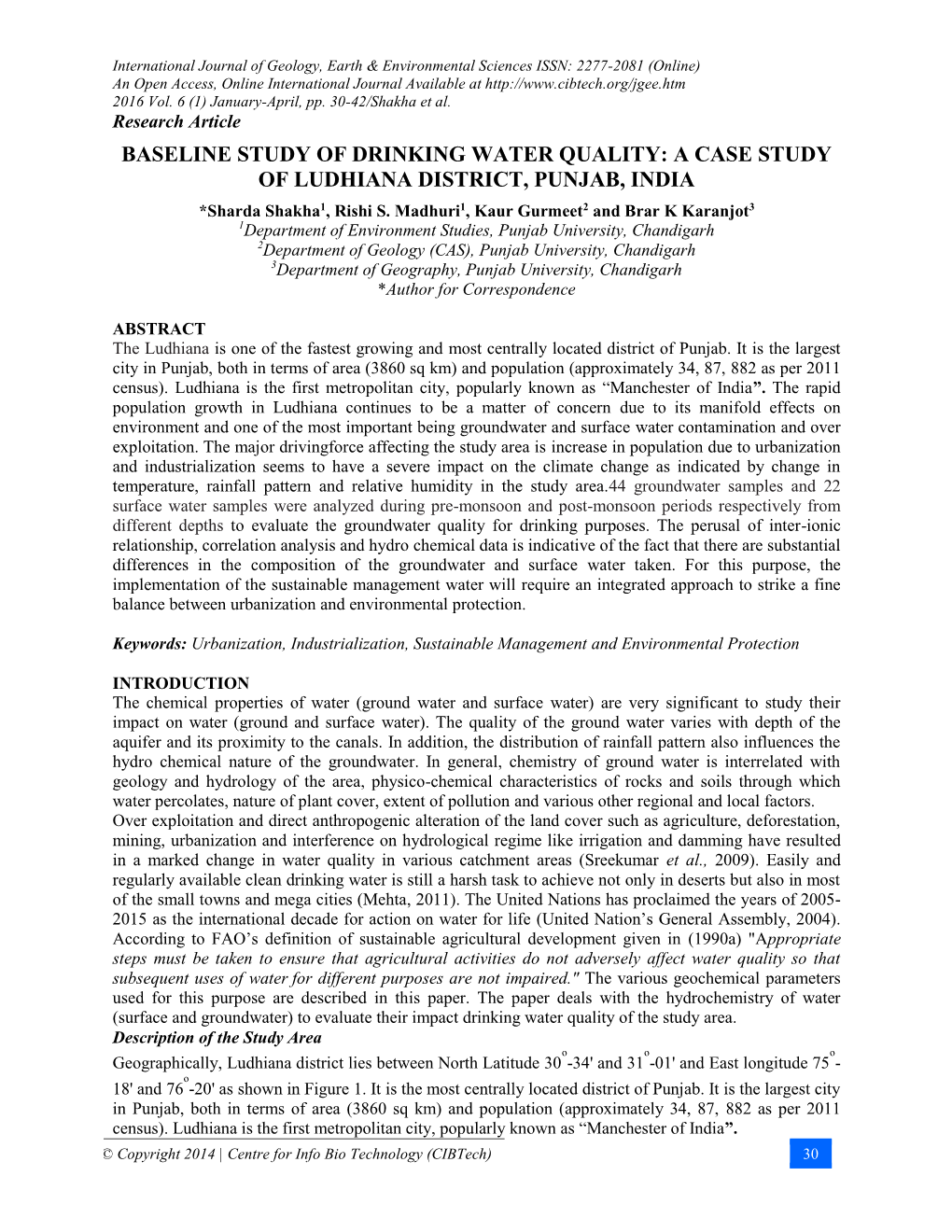 A CASE STUDY of LUDHIANA DISTRICT, PUNJAB, INDIA *Sharda Shakha1, Rishi S