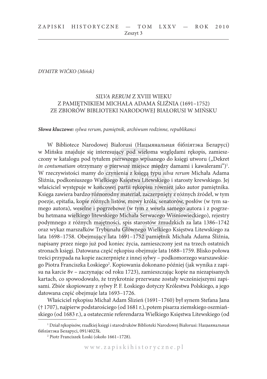 Silva Rerum Z Xviii Wieku Z Pamiętnikiem Michała Adama Śliźnia (1691–1752) Ze Zbiorów Biblioteki Narodowej Białorusi W Mińsku