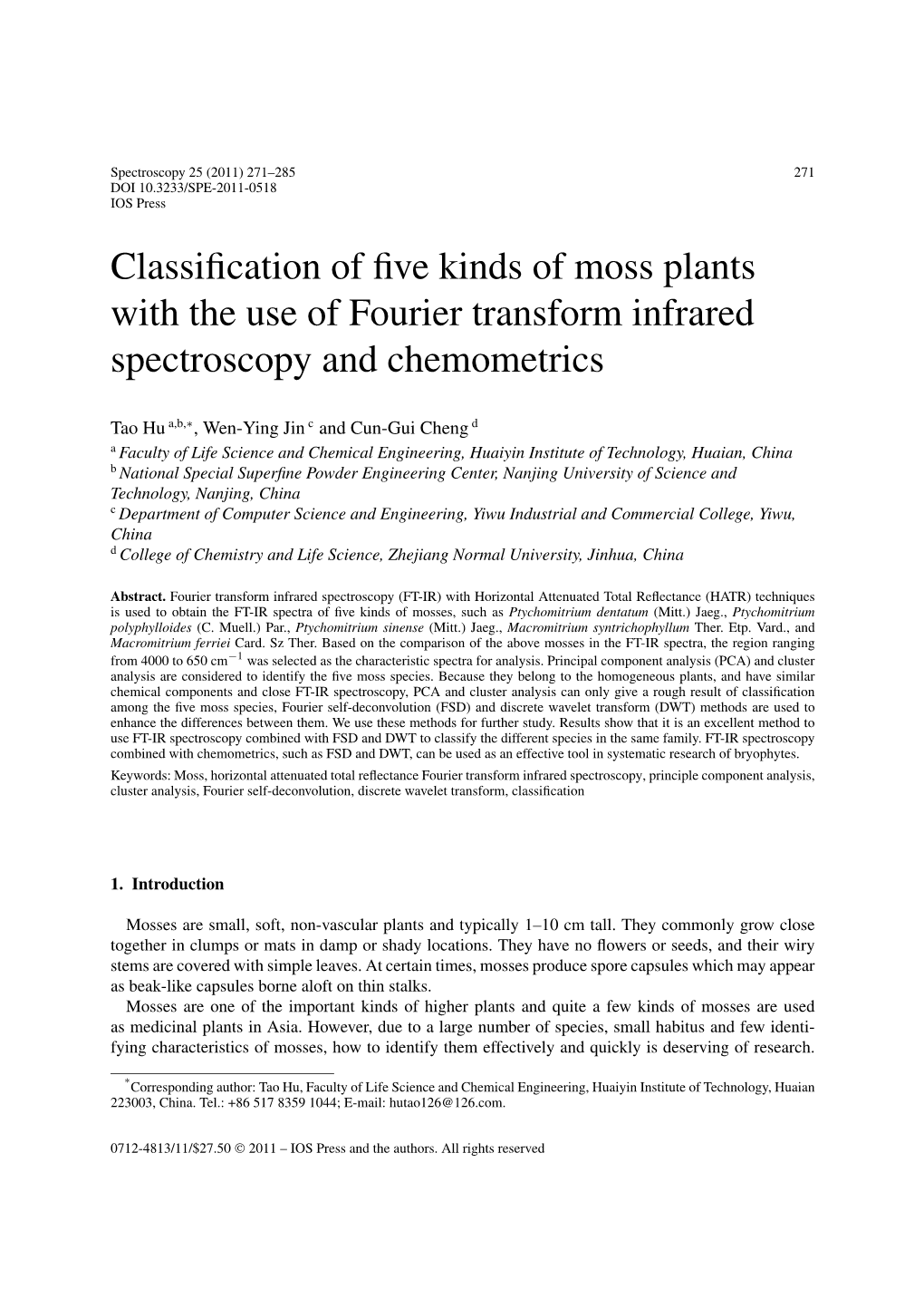 Classification of Five Kinds of Moss Plants with the Use of Fourier