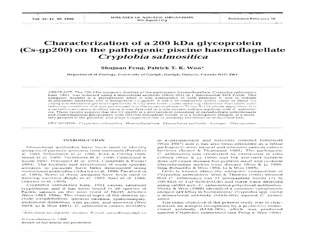 Characterization of a 200 Kda Glycoprotein (CS-Gp200) on the Pathogenic Piscine Haemoflagellate Crypto Bia Salmositica
