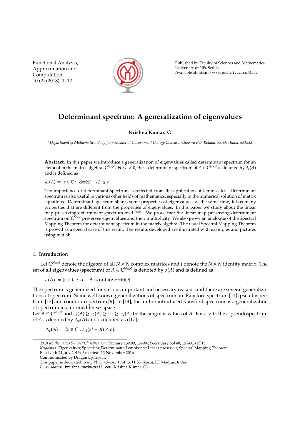 Determinant Spectrum: a Generalization of Eigenvalues