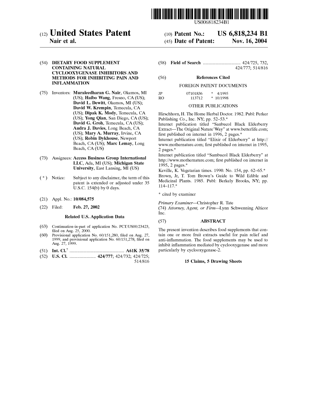(12) United States Patent (10) Patent No.: US 6,818,234 B1 Nair Et Al