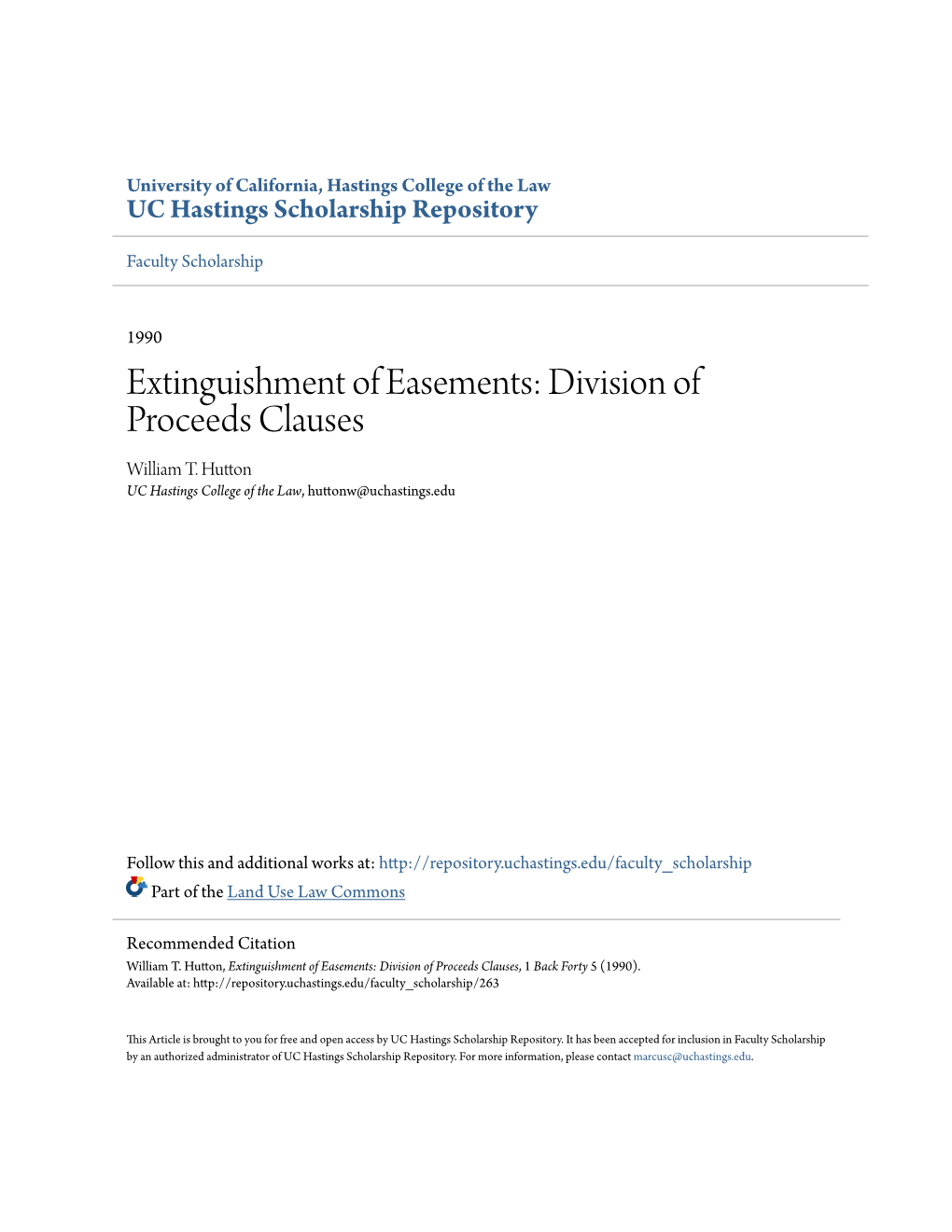 Extinguishment of Easements: Division of Proceeds Clauses William T