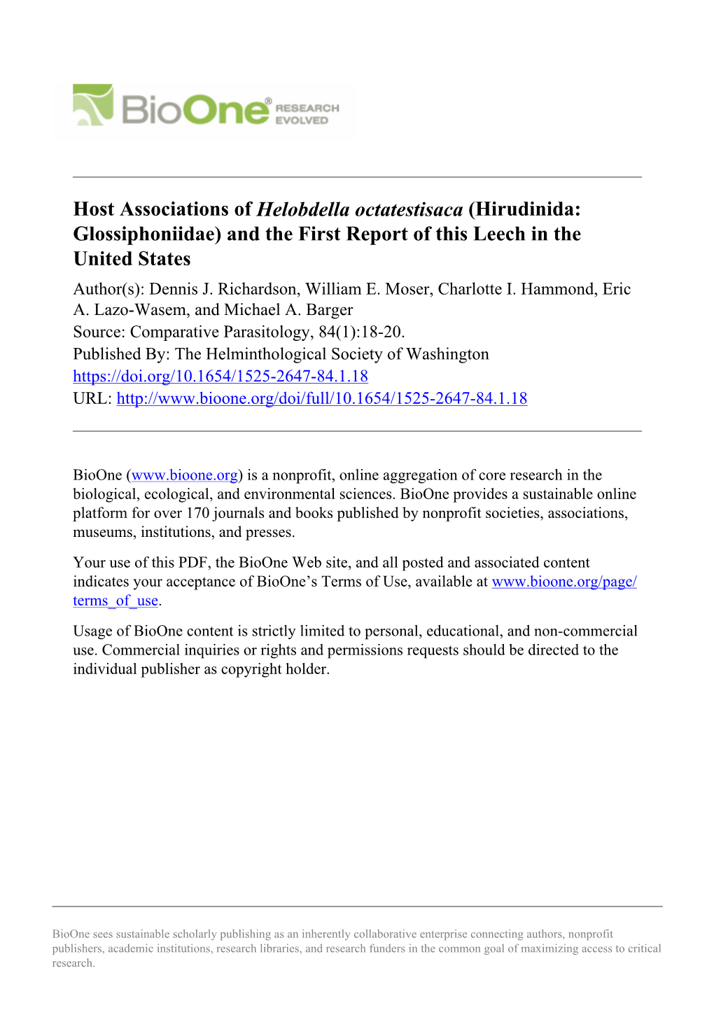 Host Associations of Helobdella Octatestisaca (Hirudinida: Glossiphoniidae) and the First Report of This Leech in the United States Author(S): Dennis J