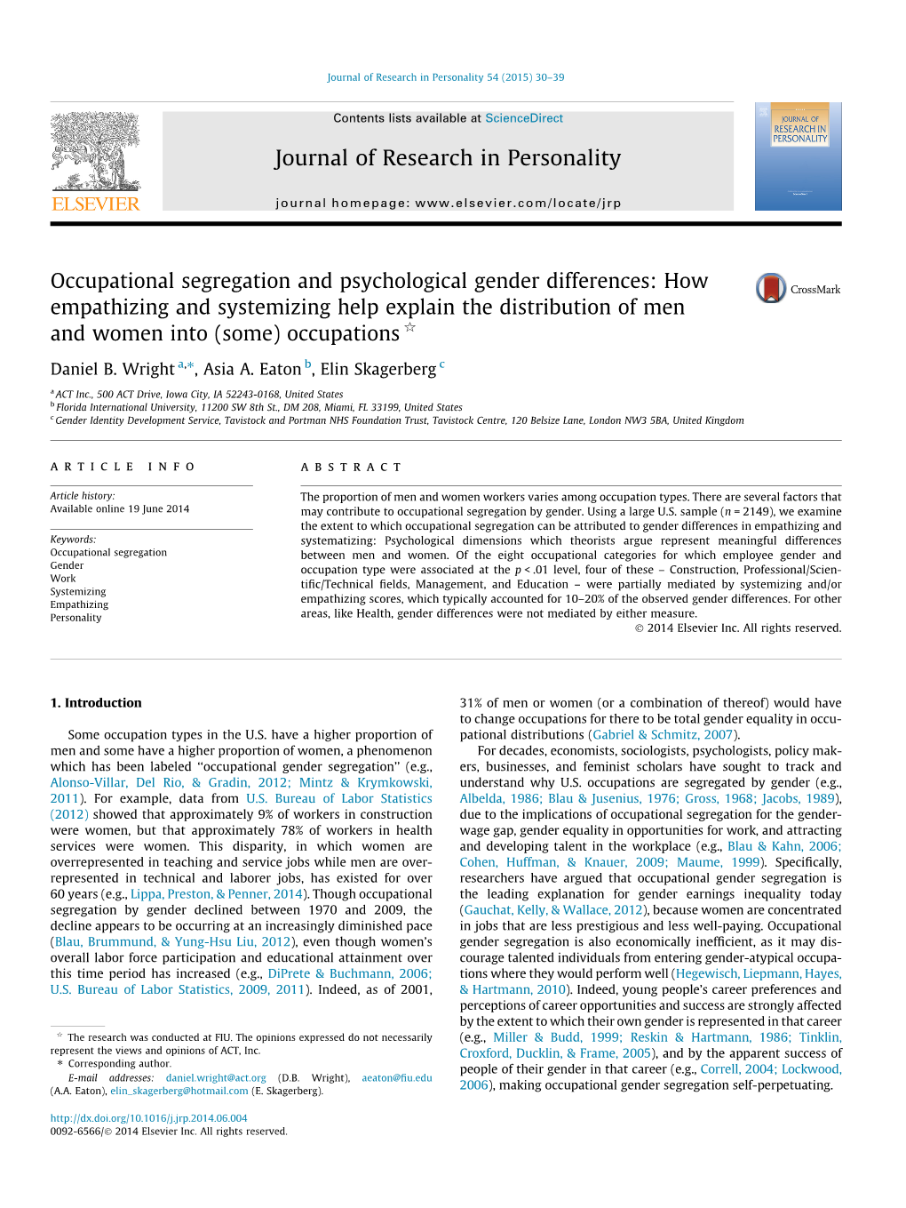 Occupational Segregation and Psychological Gender Differences