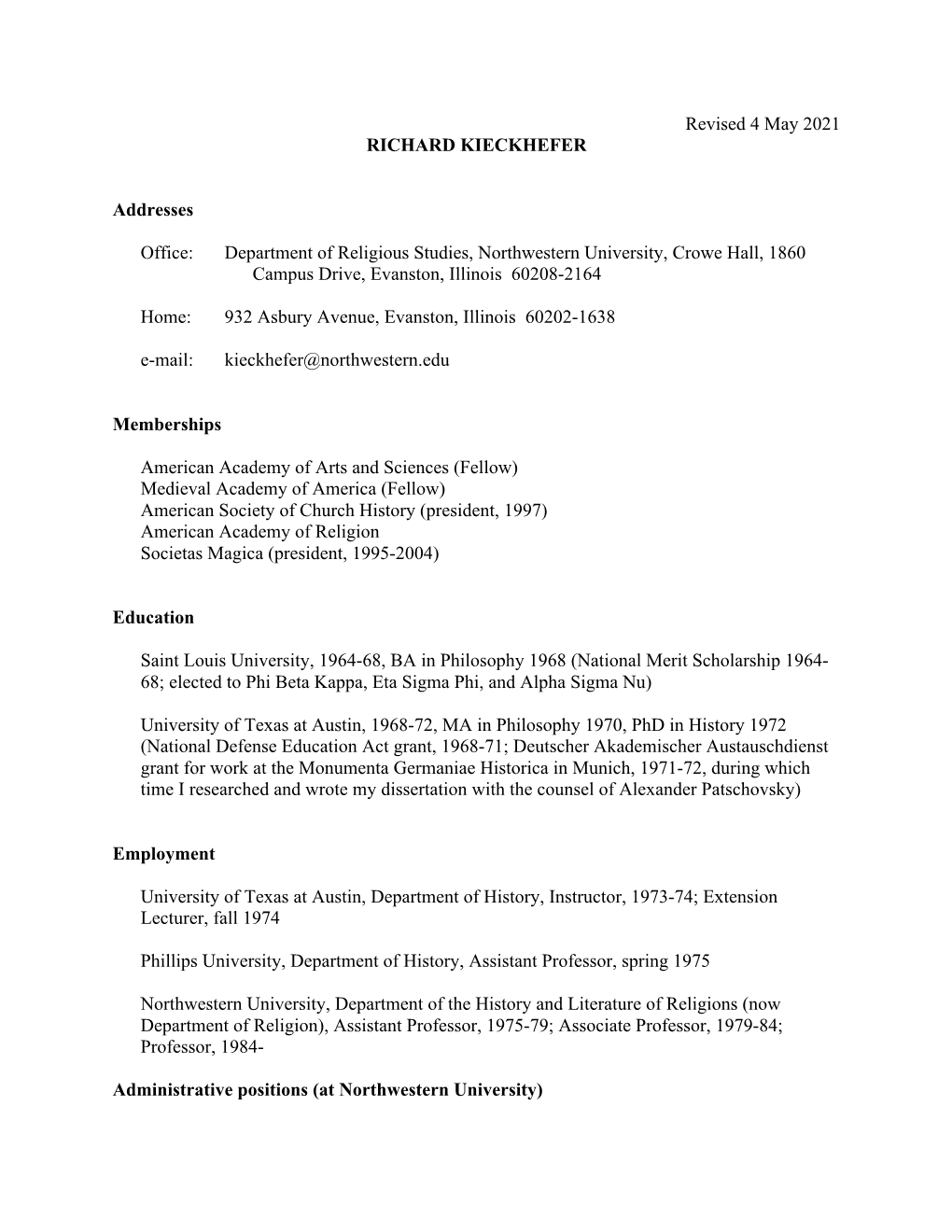 Revised 4 May 2021 RICHARD KIECKHEFER Addresses Office