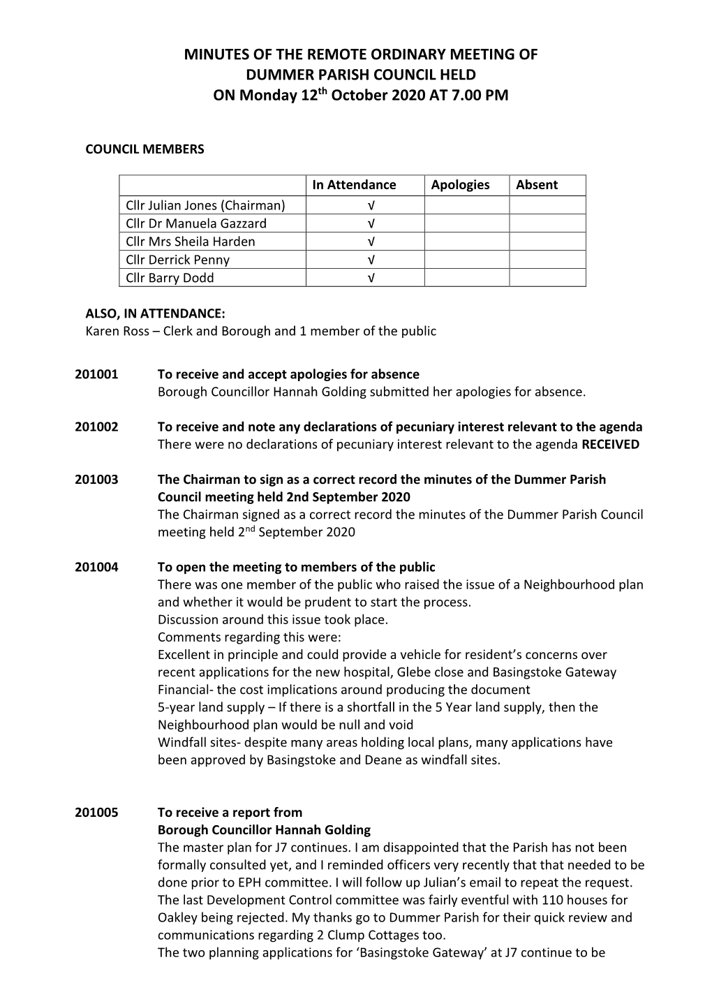 MINUTES of the REMOTE ORDINARY MEETING of DUMMER PARISH COUNCIL HELD on Monday 12Th October 2020 at 7.00 PM