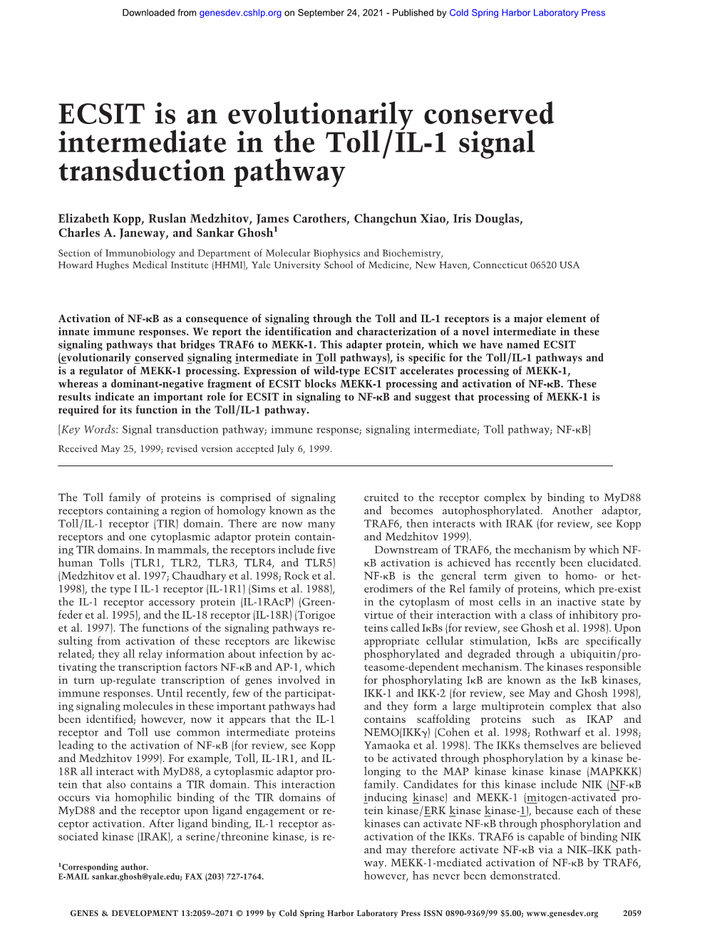 ECSIT Is an Evolutionarily Conserved Intermediate in the Toll/IL-1 Signal Transduction Pathway