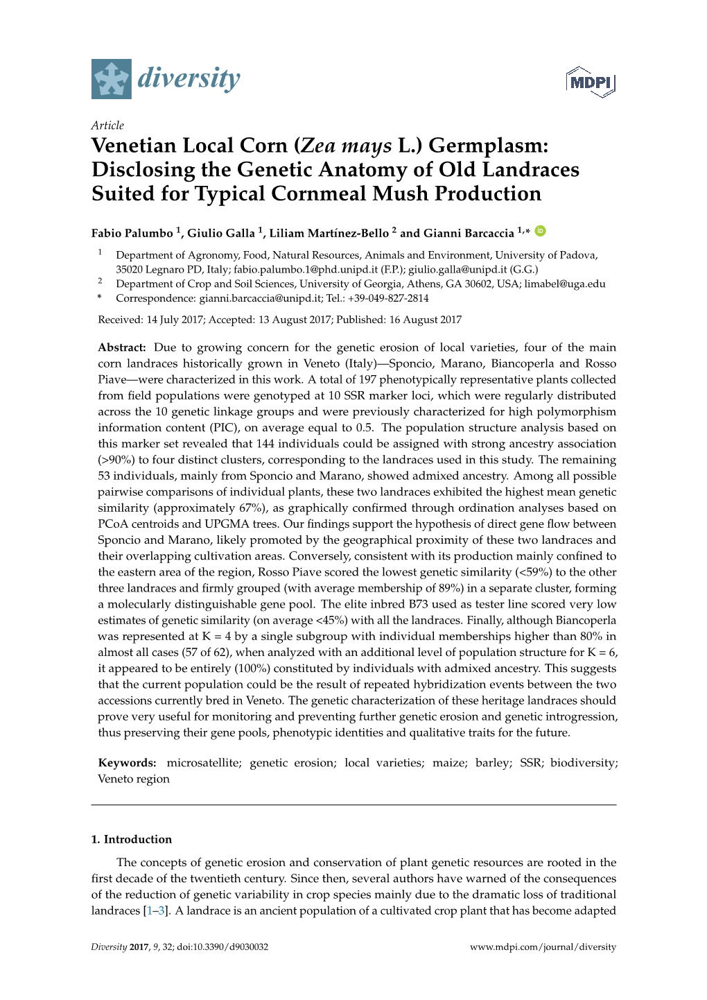 (Zea Mays L.) Germplasm: Disclosing the Genetic Anatomy of Old Landraces Suited for Typical Cornmeal Mush Production
