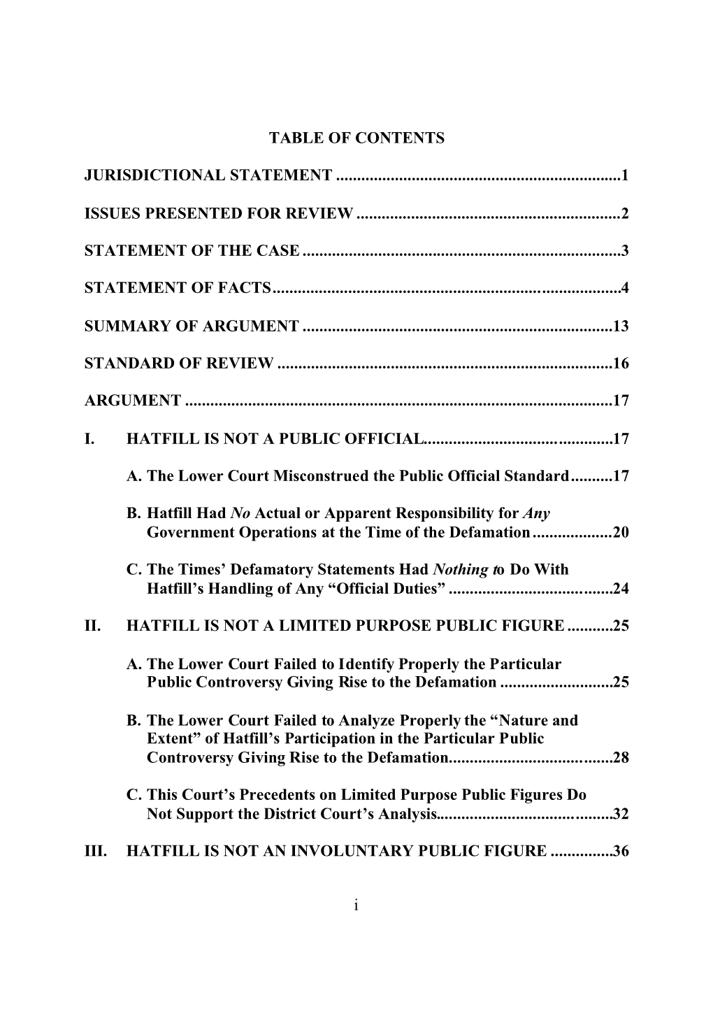 I TABLE of CONTENTS JURISDICTIONAL STATEMENT