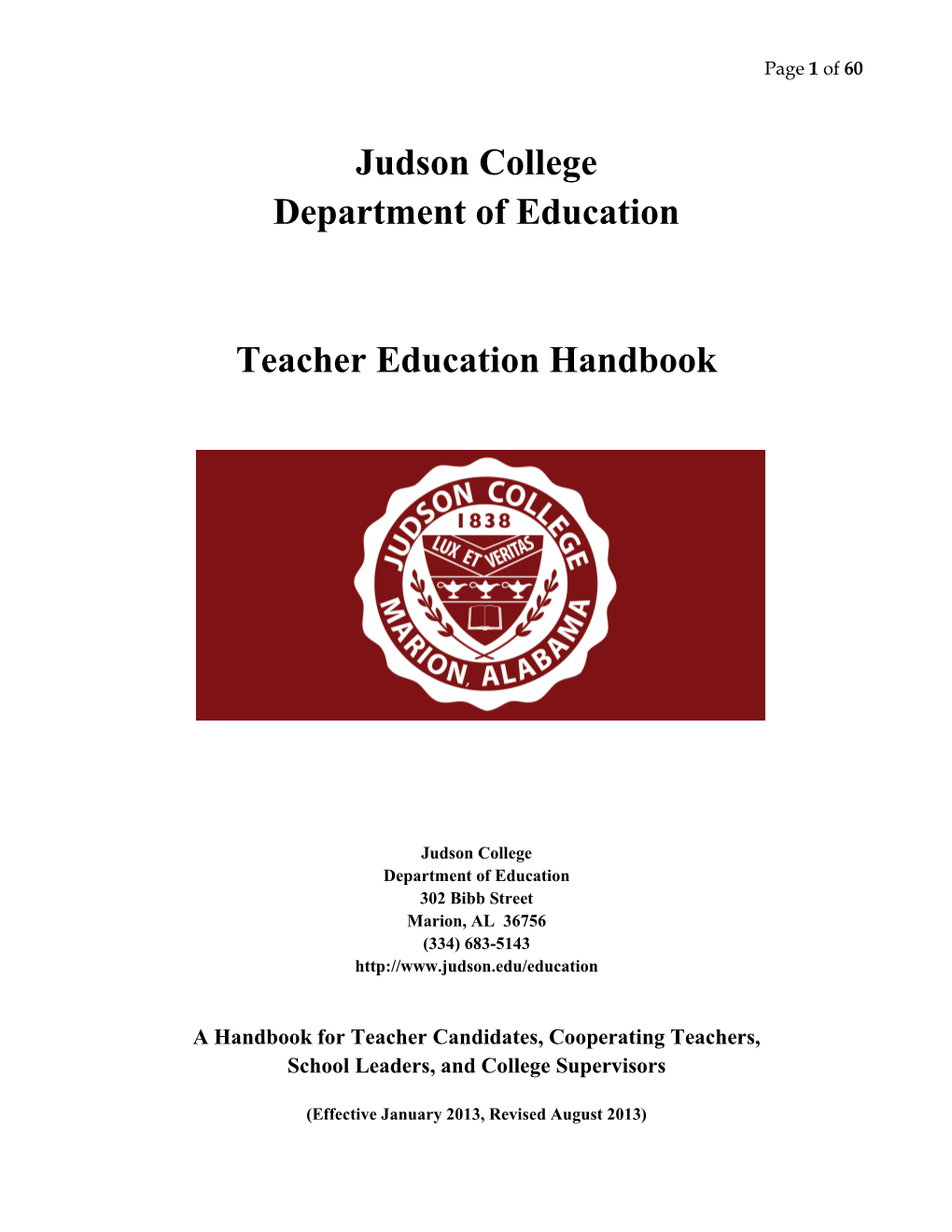 Judson College Department of Education Teacher Education Handbook