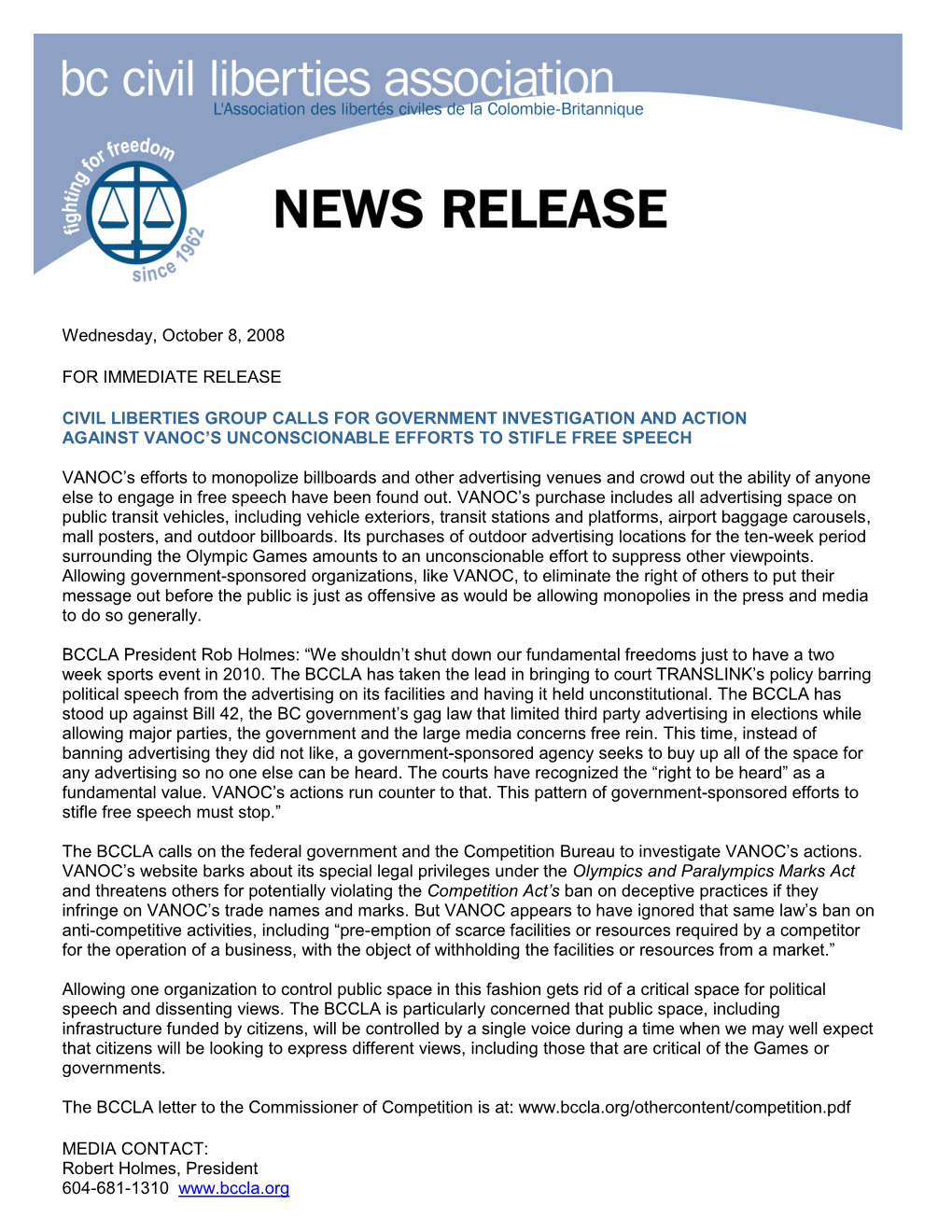 Wednesday, October 8, 2008 for IMMEDIATE RELEASE CIVIL