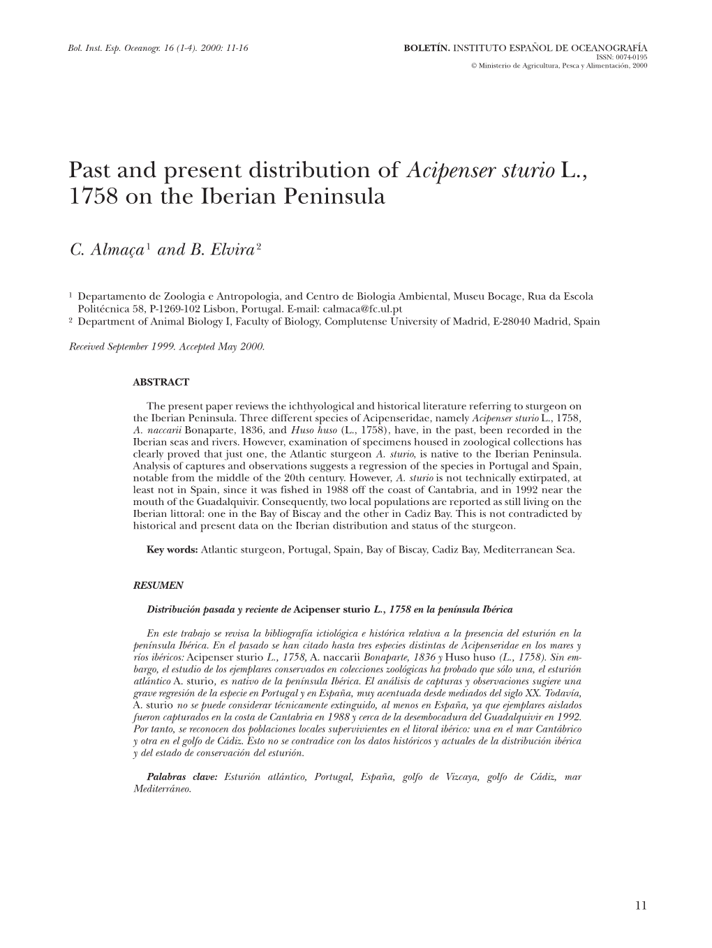 Past and Present Distribution of Acipenser Sturio L., 1758 on the Iberian Peninsula