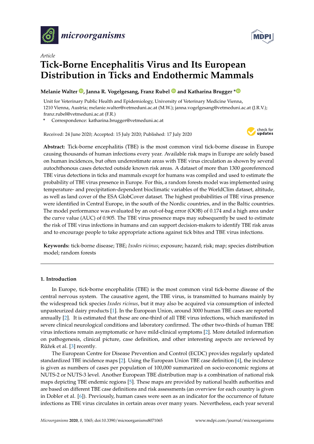 Tick-Borne Encephalitis Virus and Its European Distribution in Ticks and Endothermic Mammals