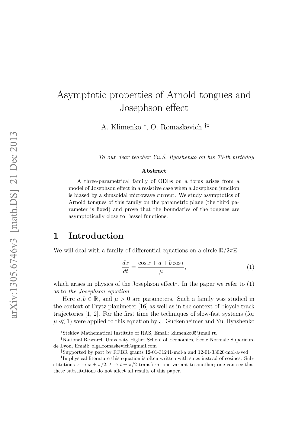 Asymptotic Properties of Arnold Tongues and Josephson Effect Arxiv