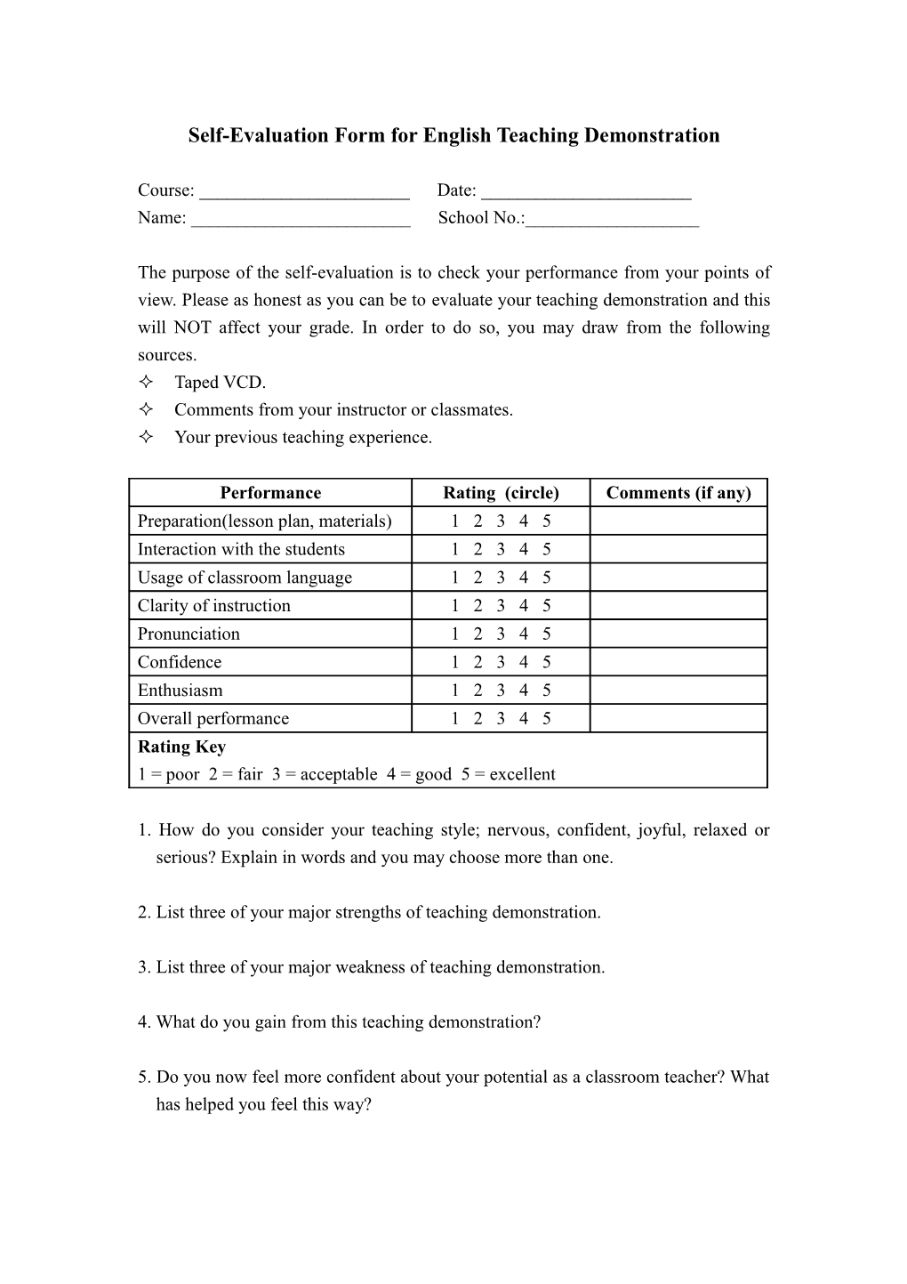 Self-Evaluation Form For English Teaching Demonstration