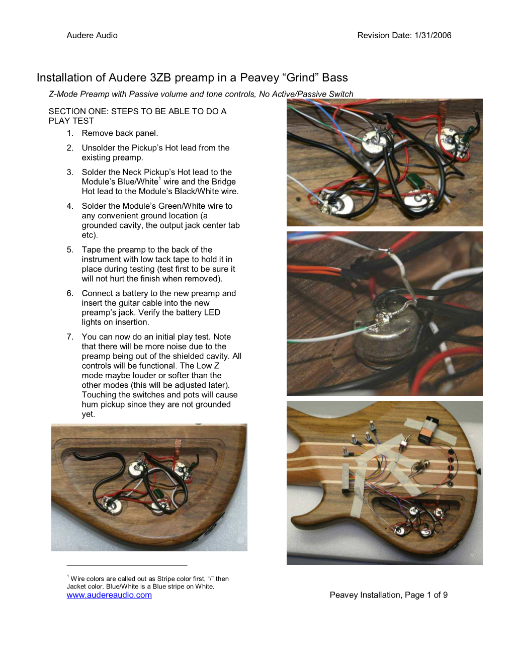 Installation of Audere 3ZB Preamp in a Peavey “Grind” Bass Z-Mode Preamp with Passive Volume and Tone Controls, No Active/Passive Switch