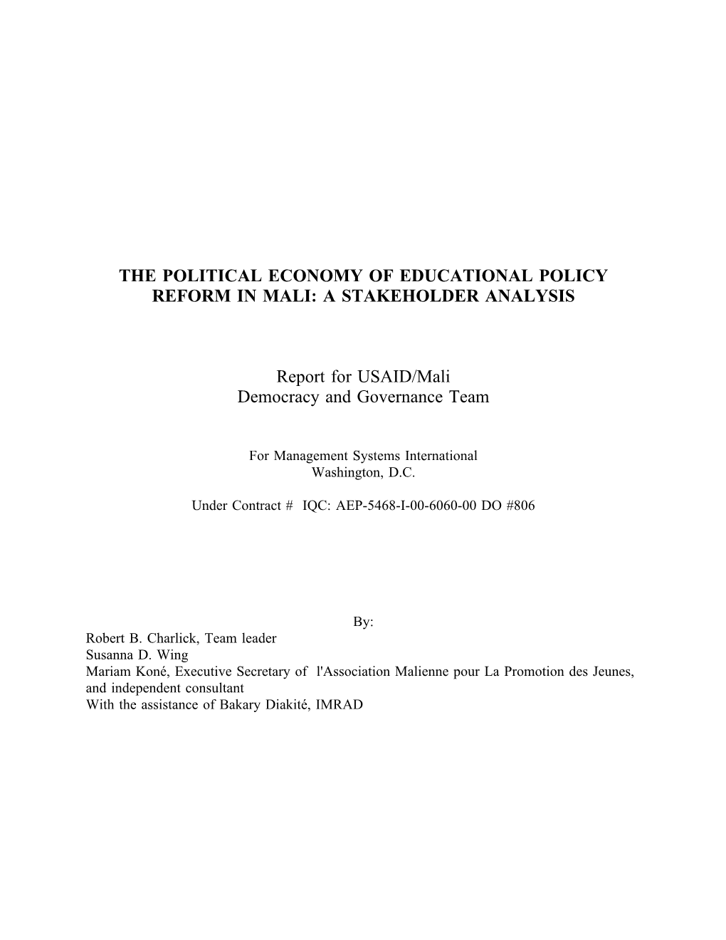 The Political Economy of Educational Policy Reform in Mali: a Stakeholder Analysis