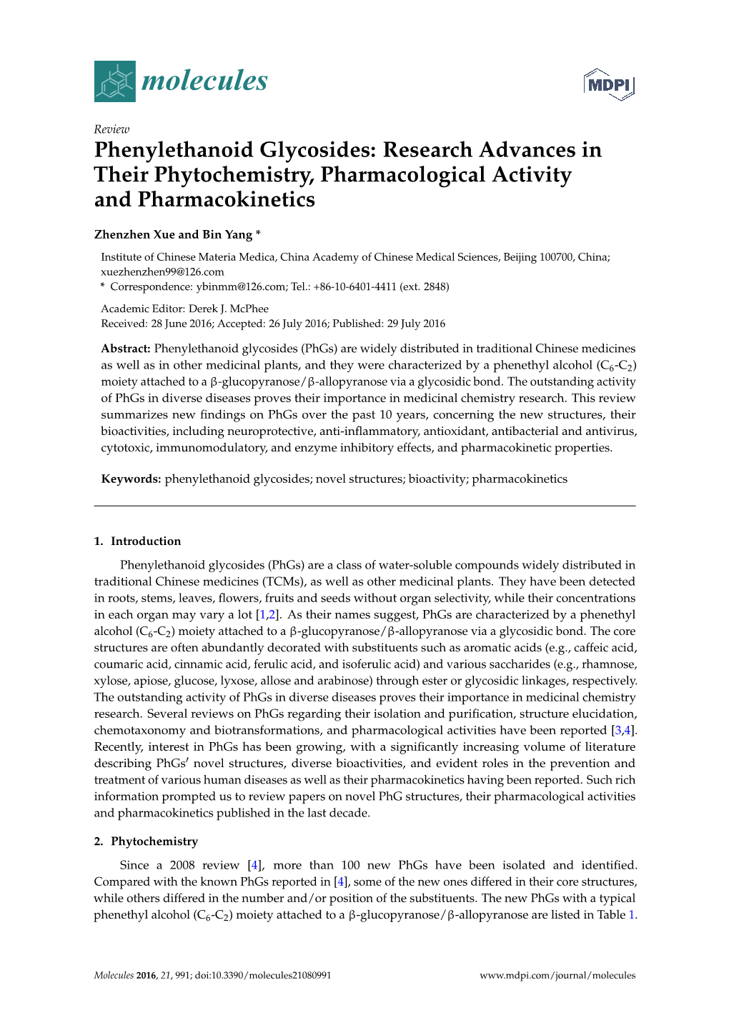 Phenylethanoid Glycosides: Research Advances in Their Phytochemistry, Pharmacological Activity and Pharmacokinetics